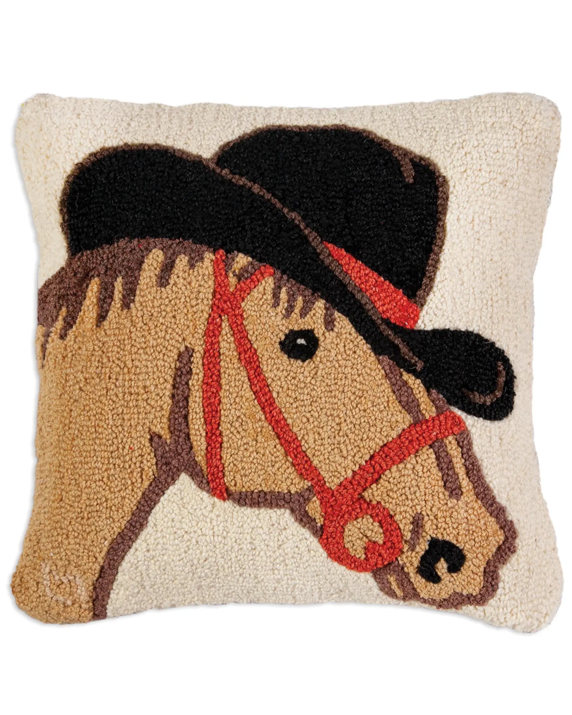 The C4C Howdy Horse Pillow by Faire is hand hooked from natural wool, showcasing a tan horse with a red bridle and black cowboy hat on a light beige background.