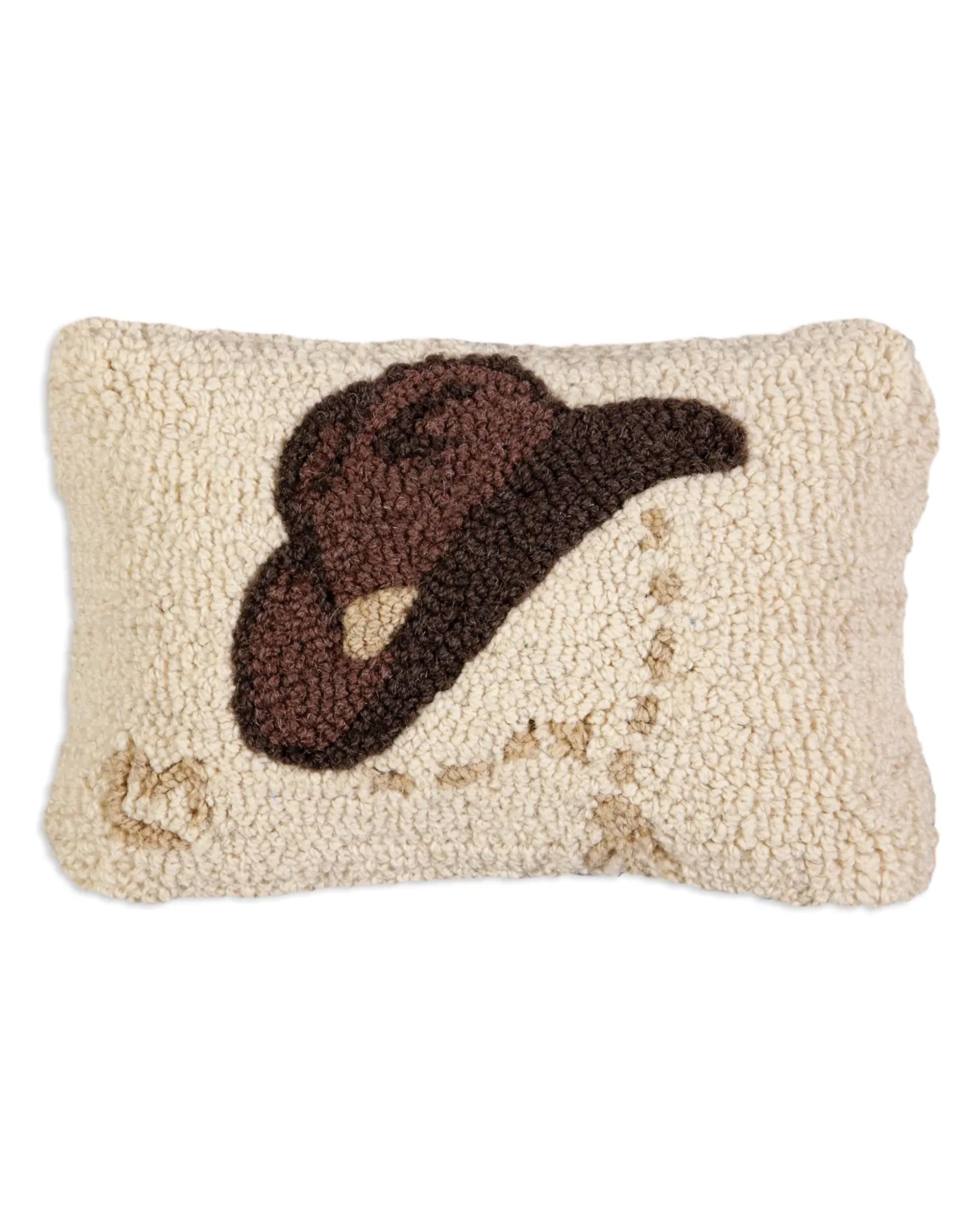 The C4C Howdy Ma'am Pillow by Faire is a rectangular, cream-colored, hand-hooked pillow featuring a brown cowboy hat design and trail accents on natural wool for added texture.