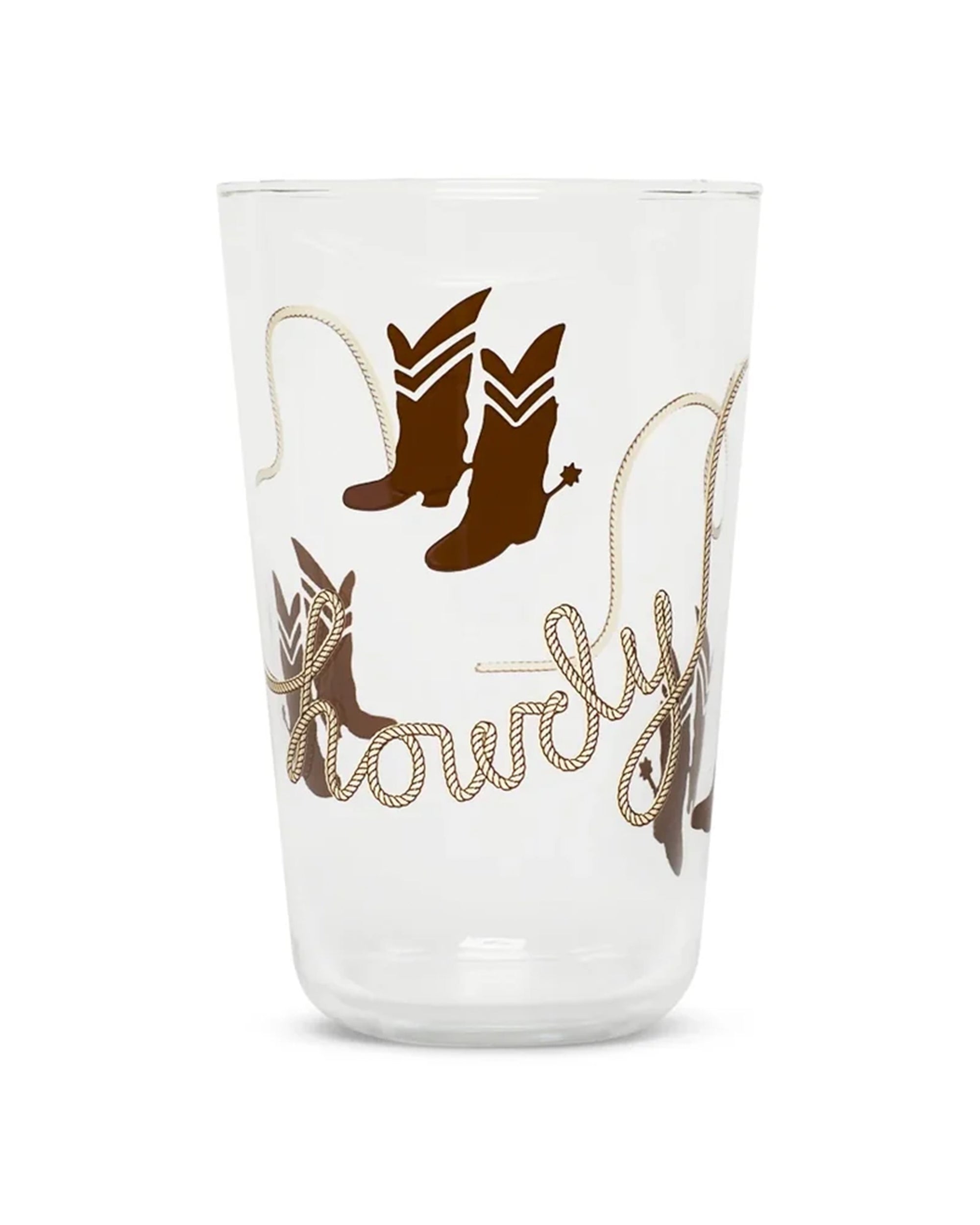 Clear glass tumbler with cowboy boots and rope howdy motif, Fishes Eddy, soda lime glass, western style.