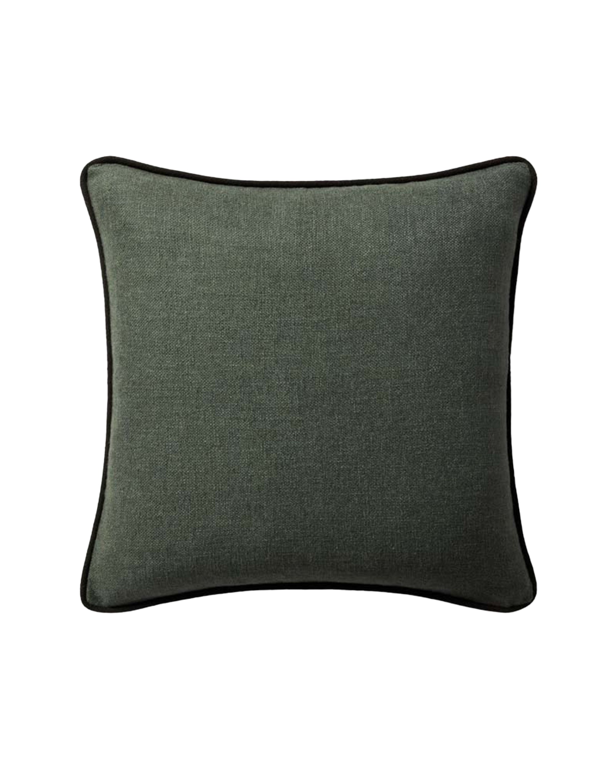 The Hudson Blue Pillow 20x20 by Loloi Rugs features a square shape, blue hue, subtle texture, and black piping on the edges, crafted from machine-woven linen and shown against a white background.