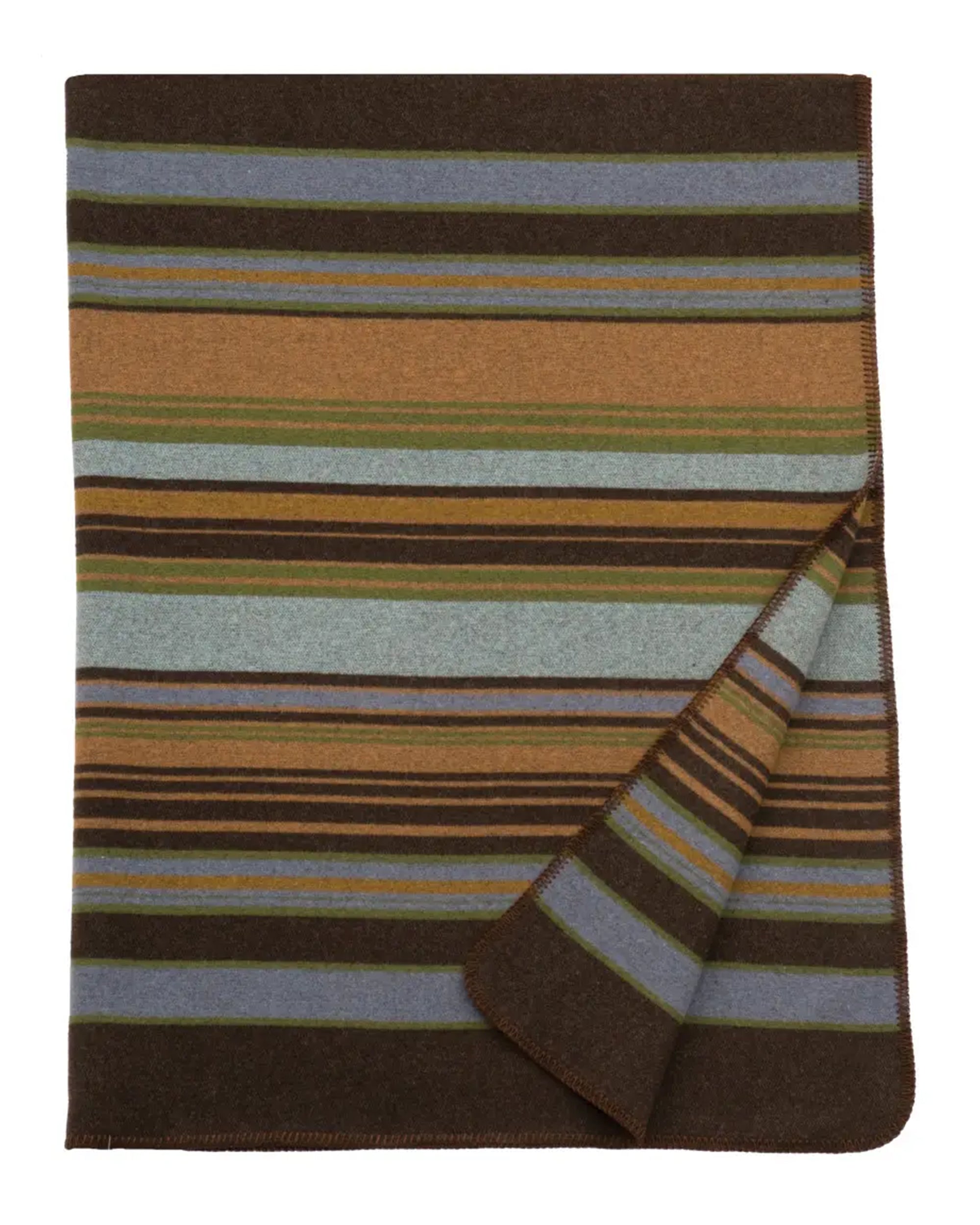 The Faire Hudson Throw is a washable wool blanket with horizontal stripes in brown, tan, blue, and green, neatly folded with a corner turned up to reveal the reverse side.