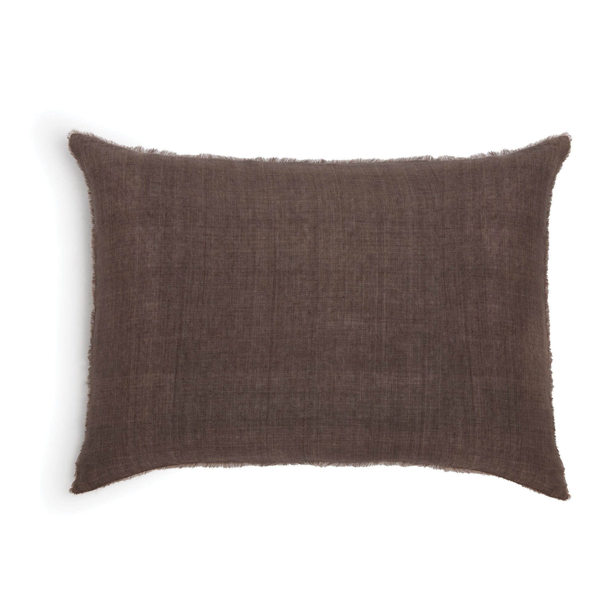 The Hunter Big Pillow by POM POM is a rectangular, brown hand-loomed linen pillow with slightly frayed edges—ideal for bringing earthy tones to your luxurious bedding.