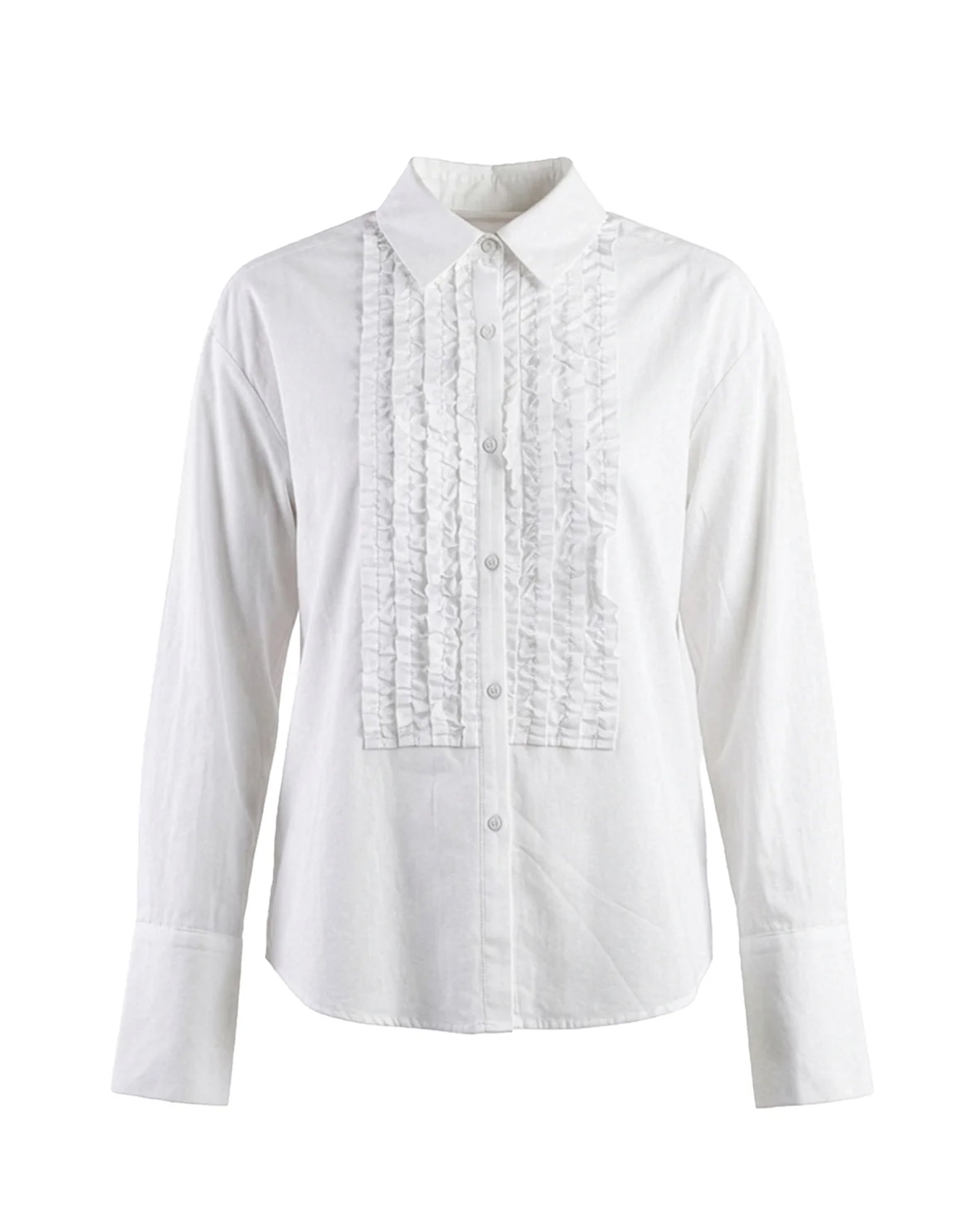 The Future Husband Tux Shirt by Le Superbe features white long sleeves, a pointed collar, and front ruffle details—an elegant choice for formal occasions.