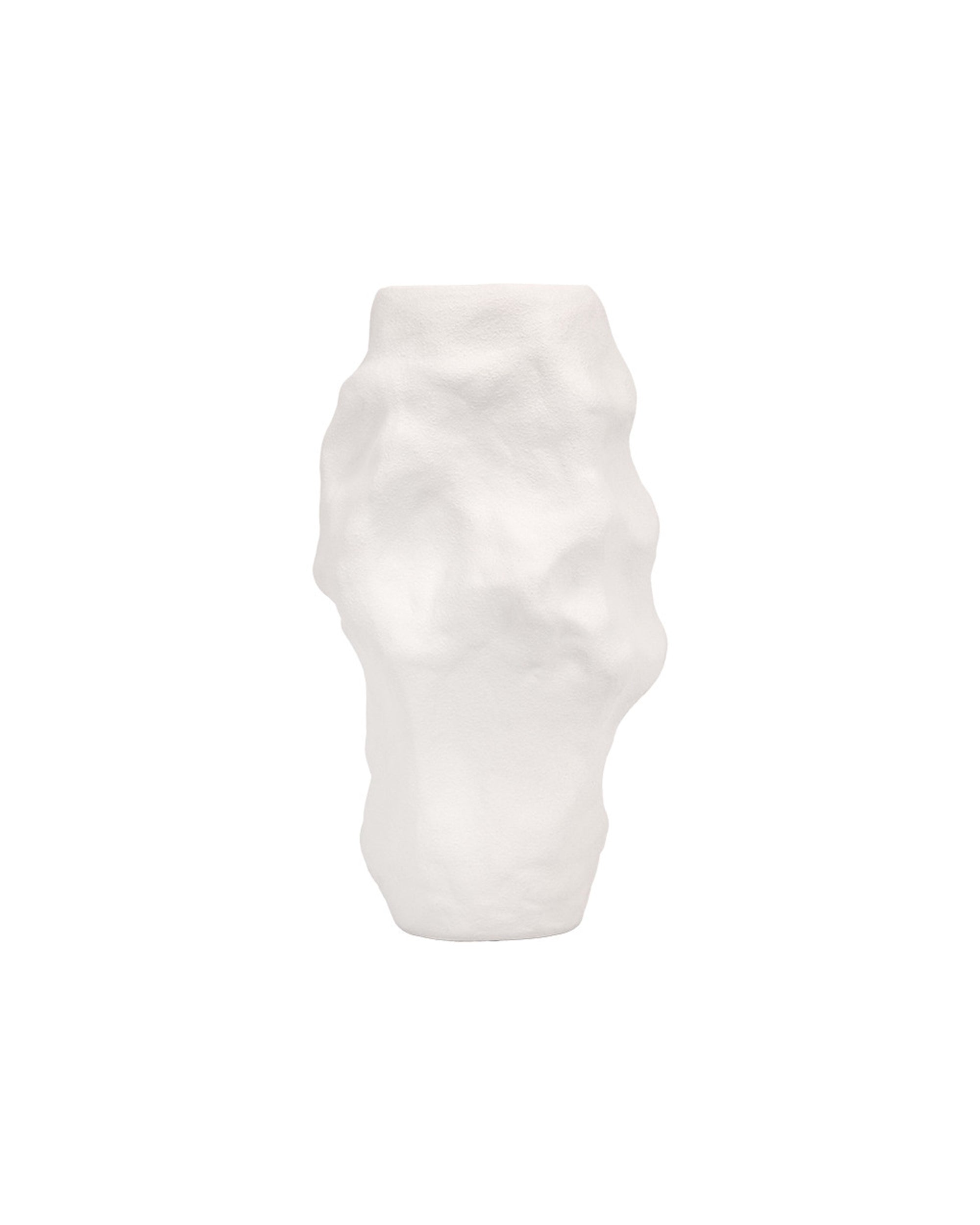 The Import Collection’s 20-547 Imani Short Vase is a white stoneware vase featuring an irregular, textured, wavy surface for a sculptural, organic look that stands out beautifully against any plain white background.