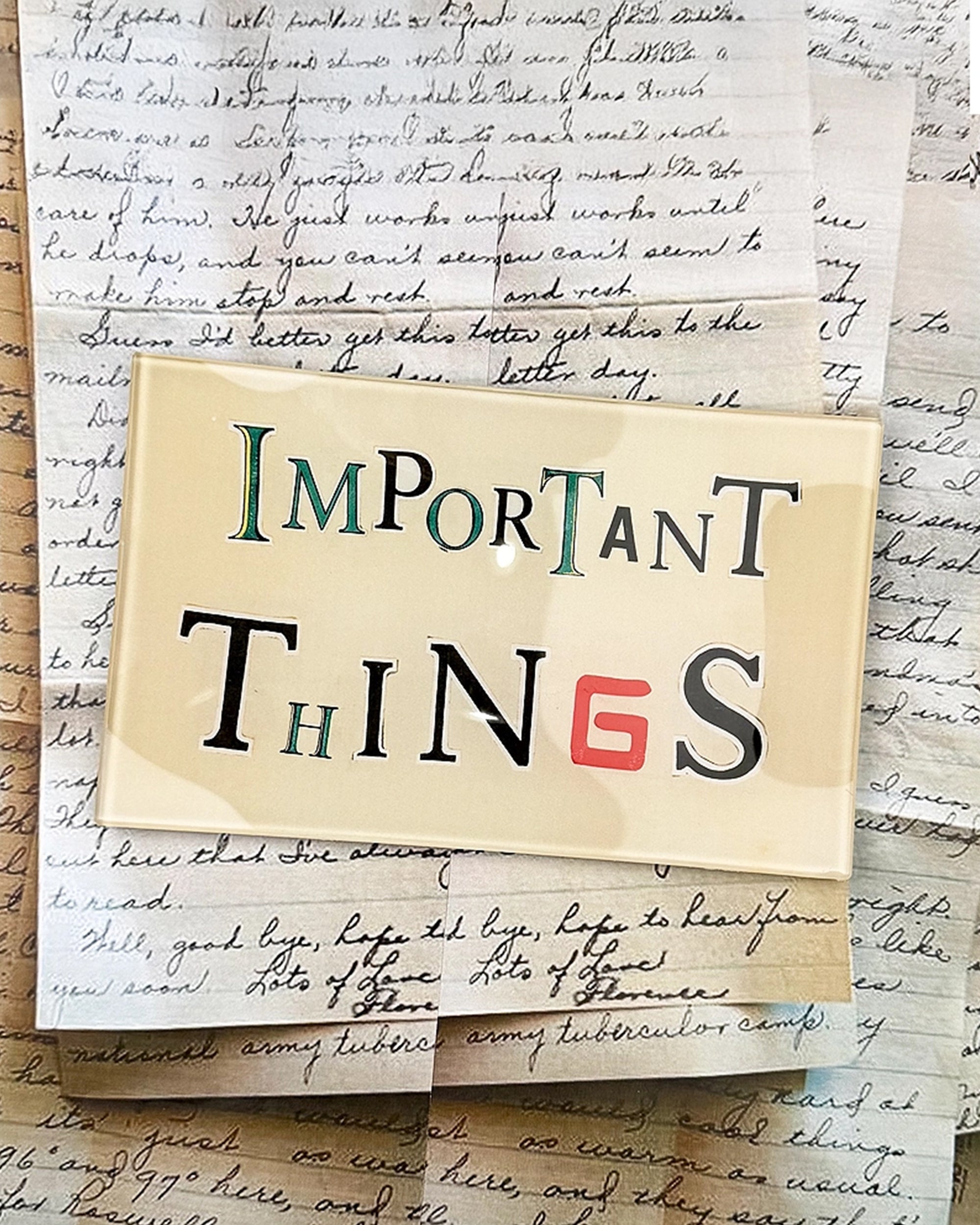 The Faire Important Things Glass Tray features a sign with “Important Things,” where a red number 6 forms the "G," atop handwritten letters. Its varied fonts and colors evoke vintage charm and a handcrafted, découpage-inspired look.