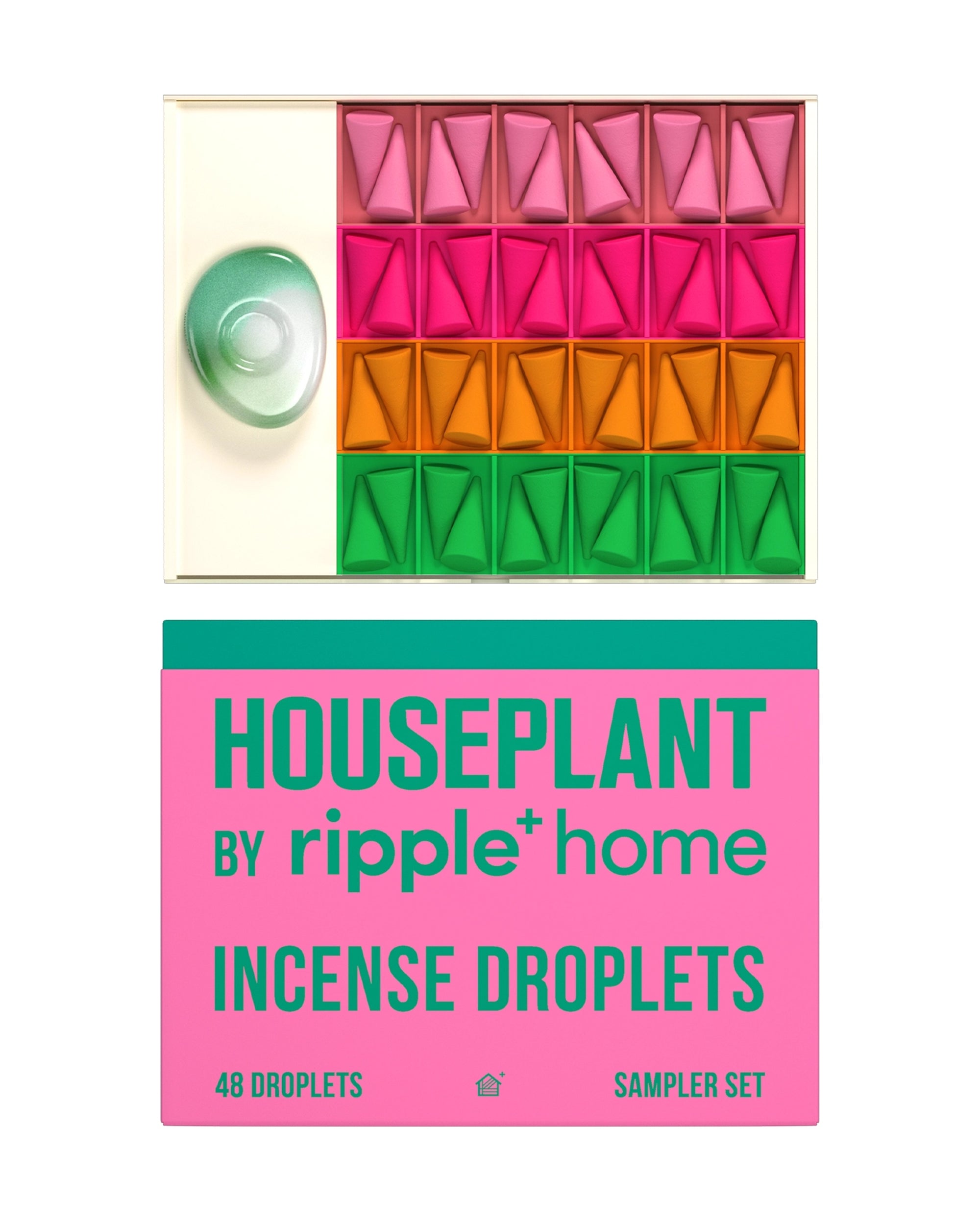 An open box displays Houseplant by Ripple/ Incense Droplets from Faire in pink, orange, and green rows. The lid reads "HOUSEPLANT by ripple+ home INCENSE DROPLETS SAMPLER SET," ideal for modern home fragrance.