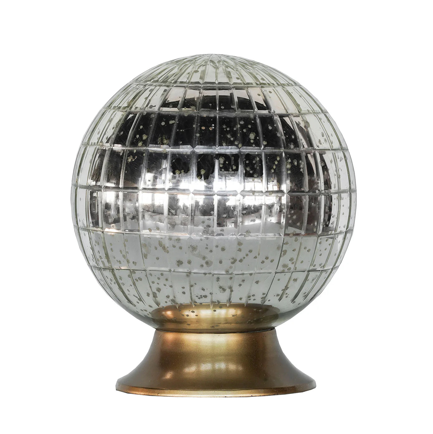 The Blue Ocean Traders Wunderkammer Orb features a reflective, spherical antique-silver glass with a grid pattern, sitting on a round metallic base. Its vintage finish adds a striking mirrored accent to any space.