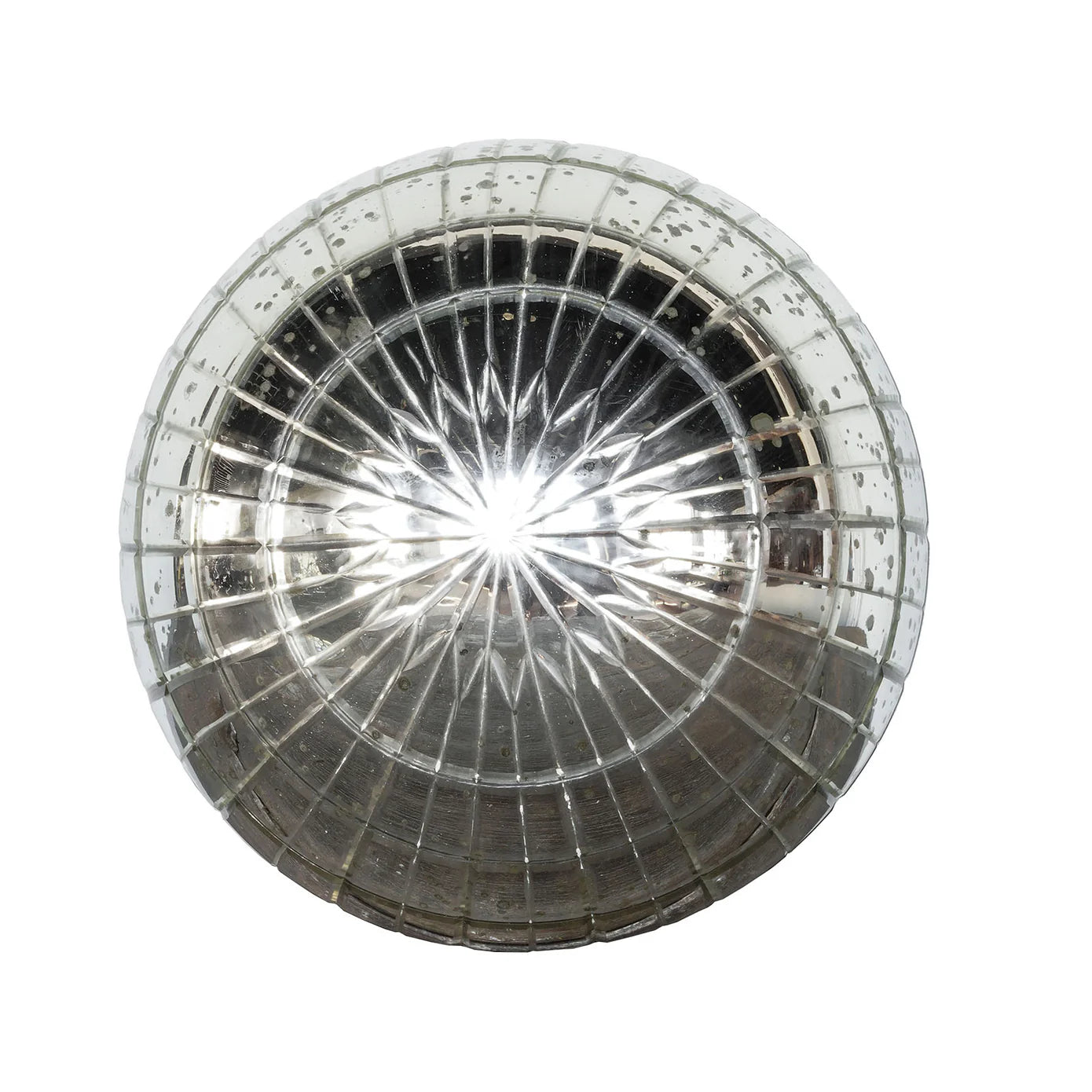 Viewed from above against a white background, the shiny, round Wunderkammer Orb by Blue Ocean Traders—with its antique-silver glass and grid pattern—reflects light in vintage style, making it an eye-catching accent for any space.