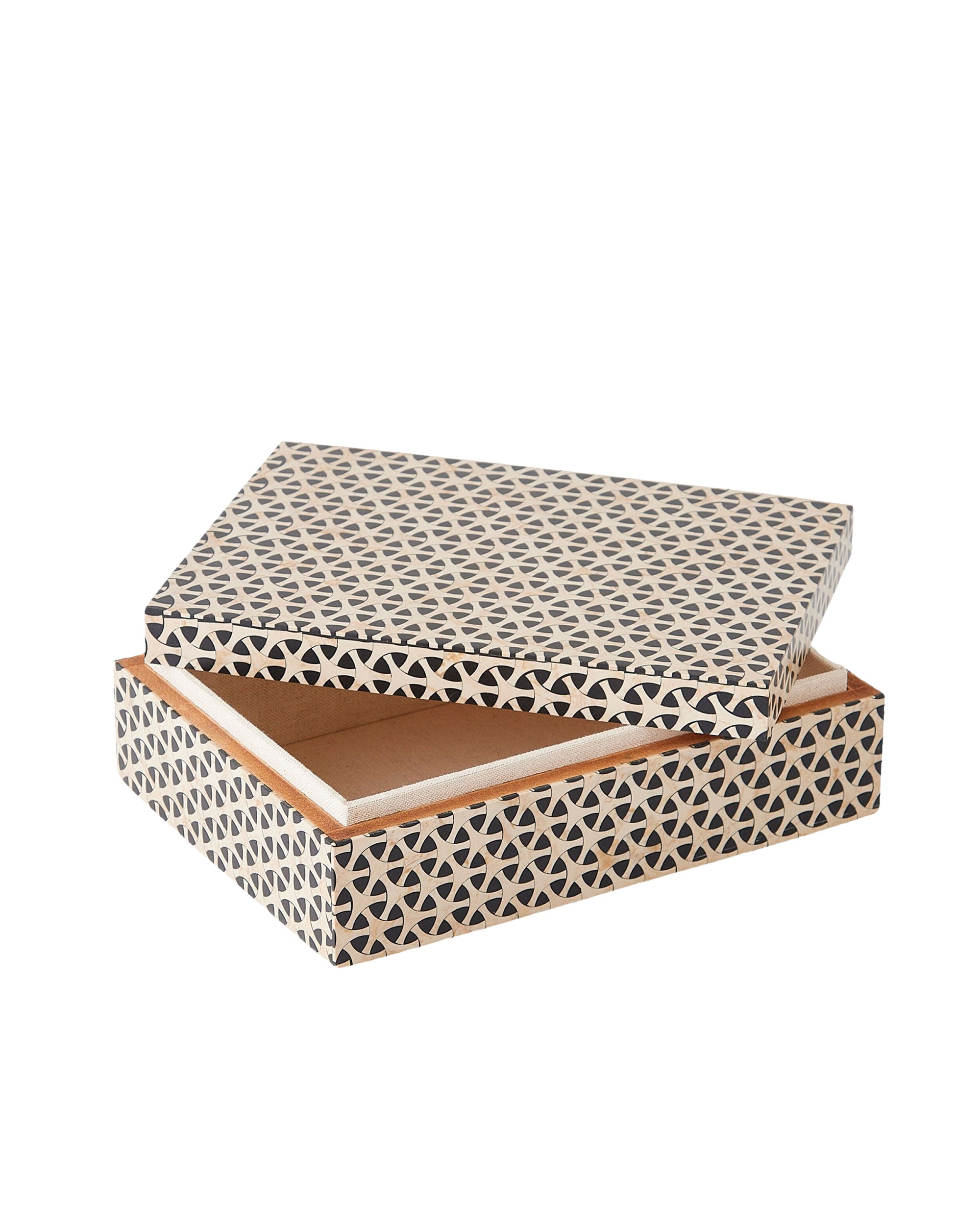 The Infinity Box M by Global Views is a decorative rectangular box featuring a black and white geometric pattern. Handcrafted with a partially open lid, it reveals an interior lined with light brown material.