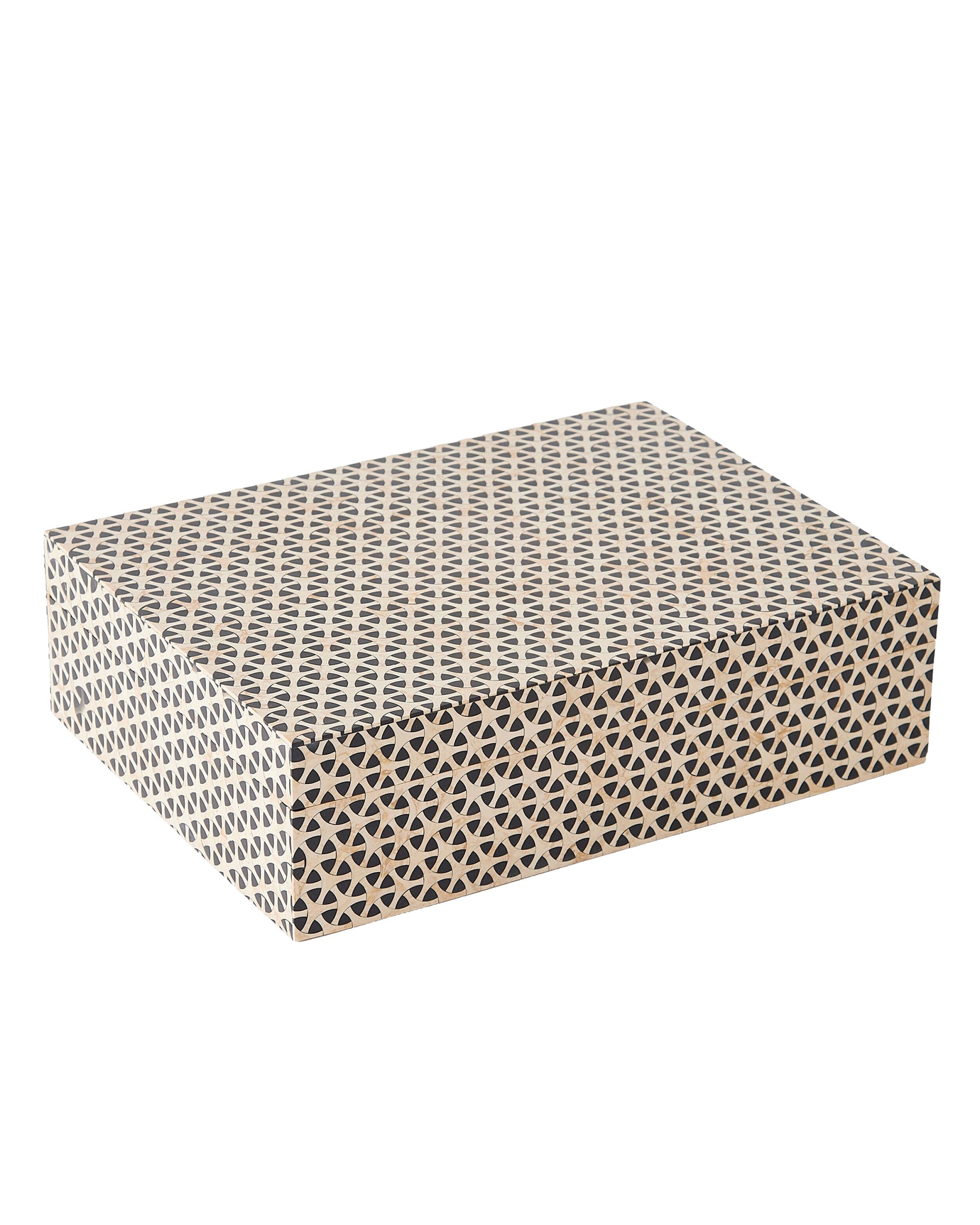 The Global Views 791669 Infinity Box L is rectangular with a handcrafted resin finish, displaying beige and black geometric triangles on all sides over a white background.