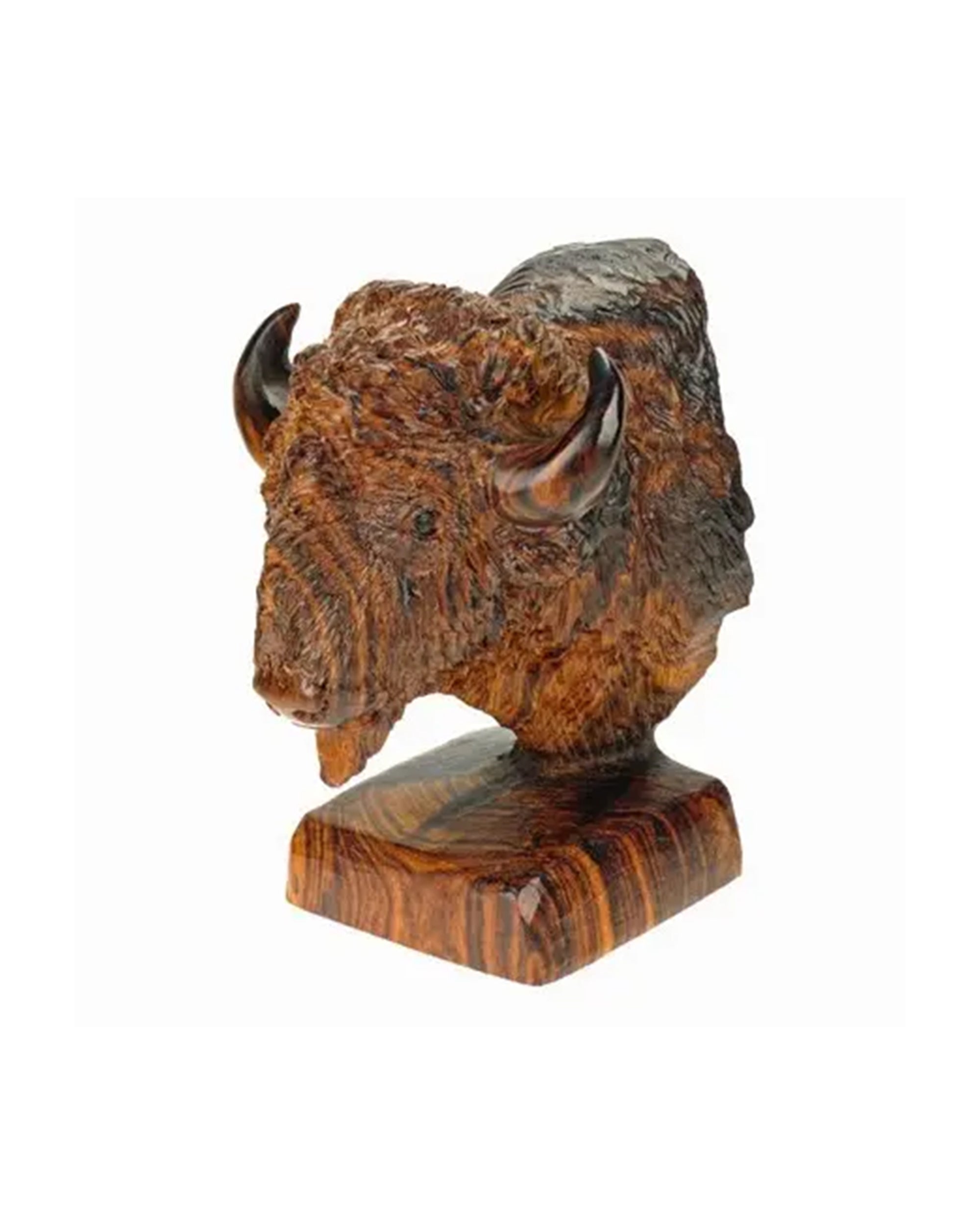 Hand-carved ironwood buffalo bust with textured fur and horns on wood base by Faire Buffalo Bust.