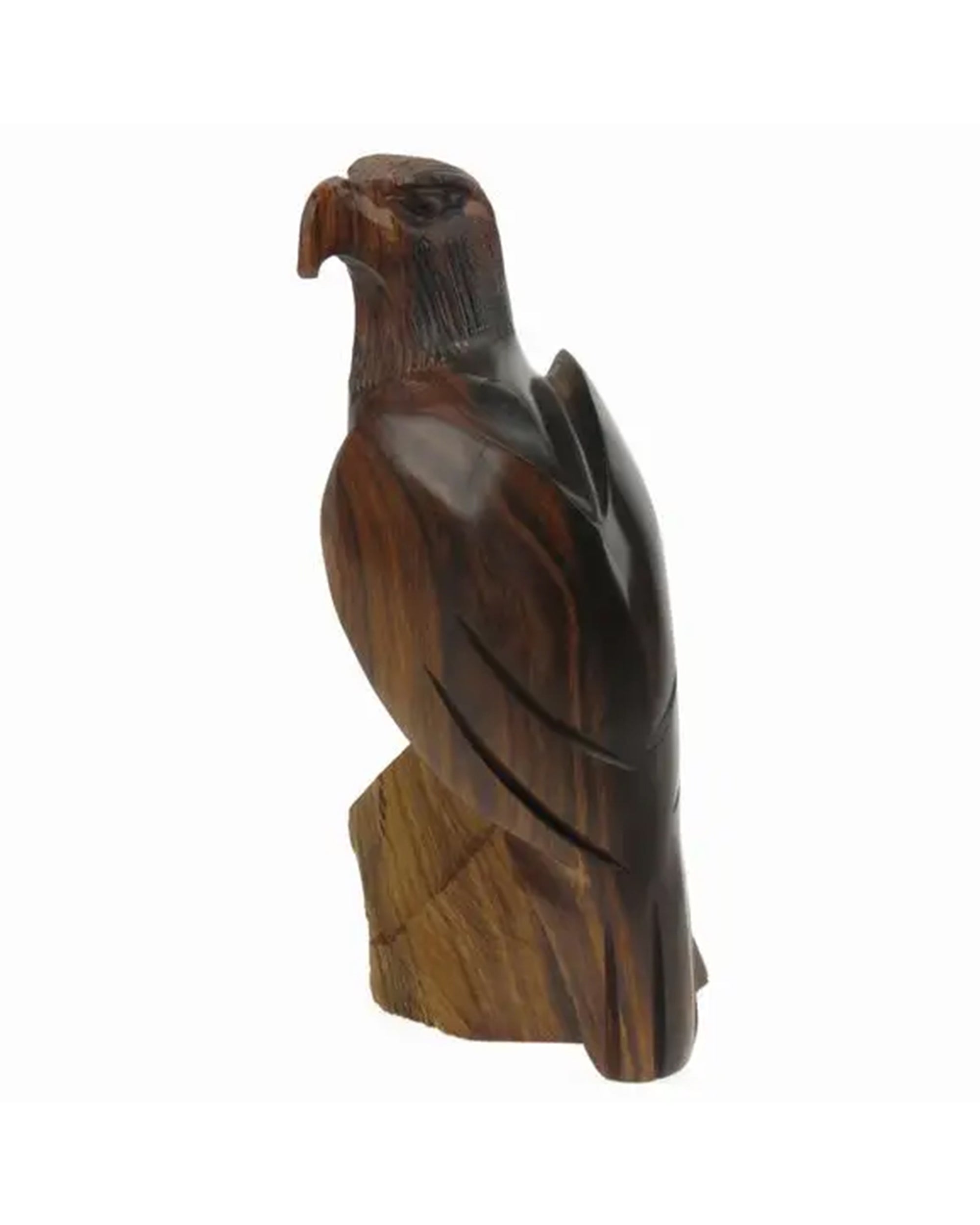 Ironwood eagle carving with detailed feathers and left-facing beak, Bungalow Furniture &amp; Accessories.