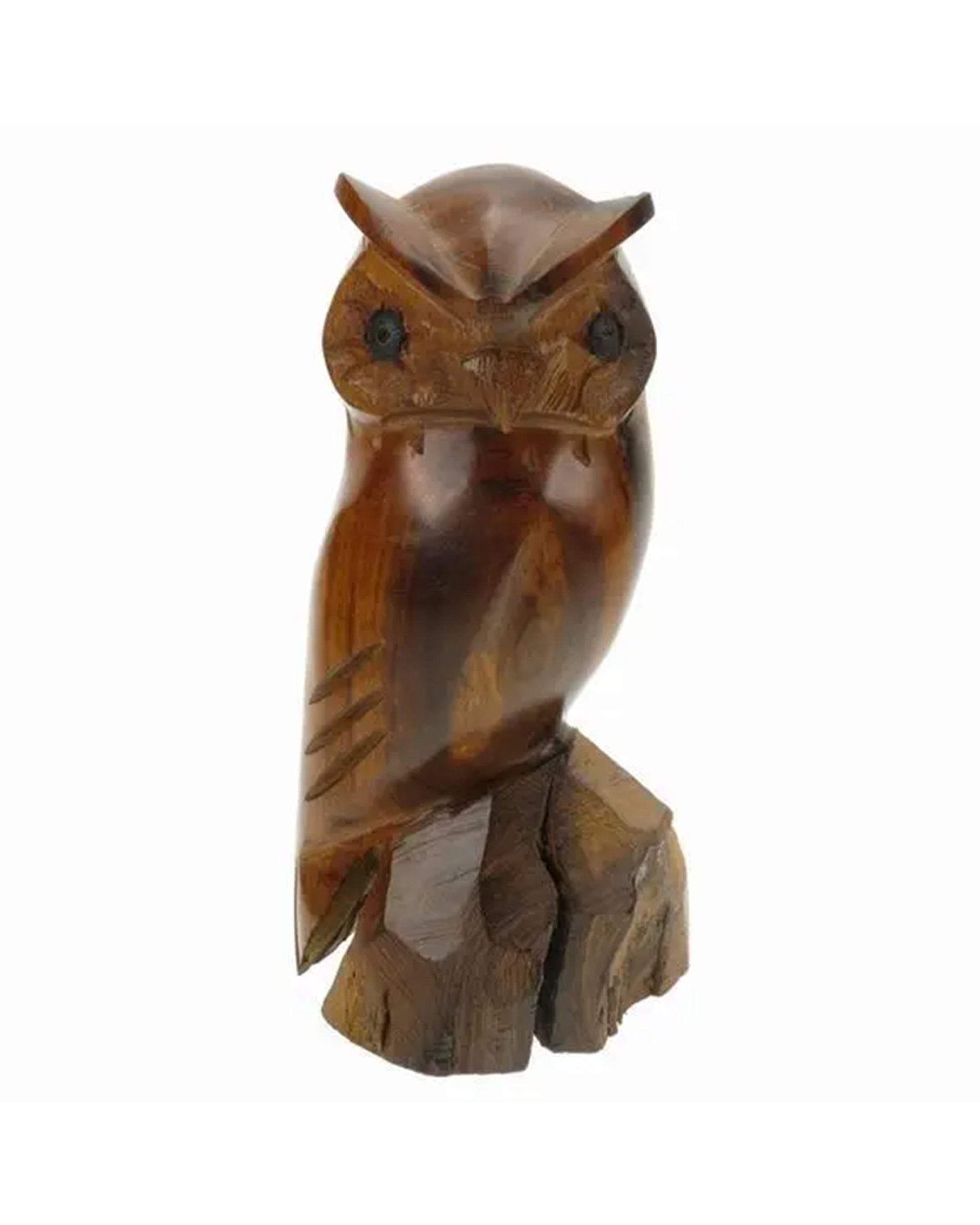 Polished desert ironwood owl sculpture on base by Faire, forward-facing, perfect for shelves or desks.