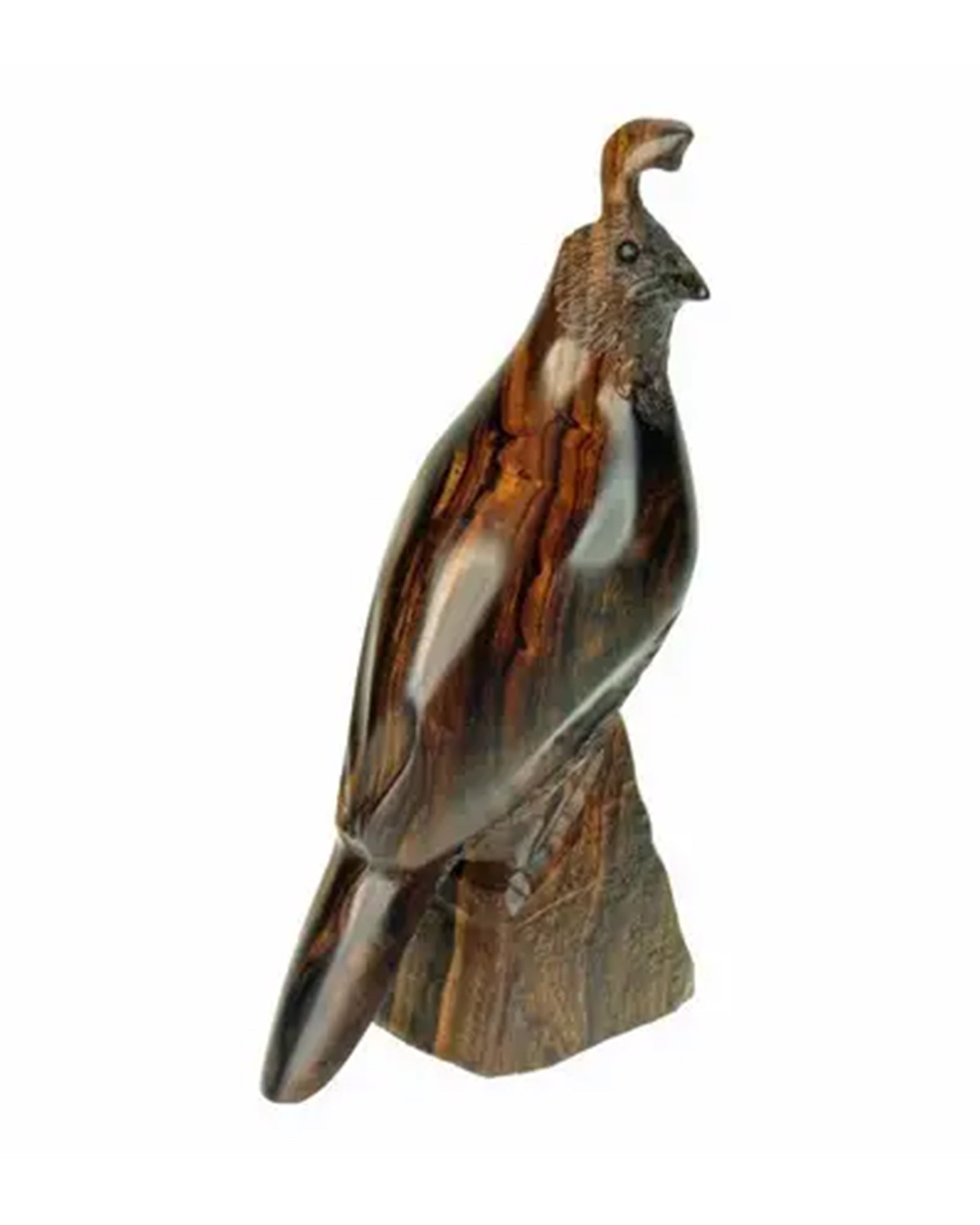 Hand-carved ironwood quail with crest on base, rich brown finish by Bungalow Furniture &amp; Accessories.