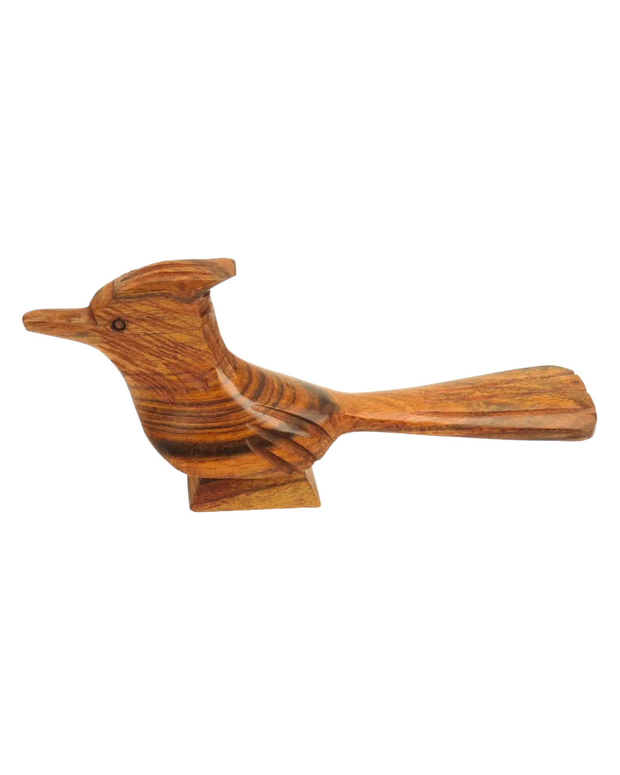 Hand-carved ironwood roadrunner figurine with pointed beak and long tail by Faire, detailed craftsmanship.
