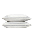 Two white Faire Kemptown Stripe Linen Euro Shams, featuring thin horizontal dark blue stripes, are stacked against a plain white background.