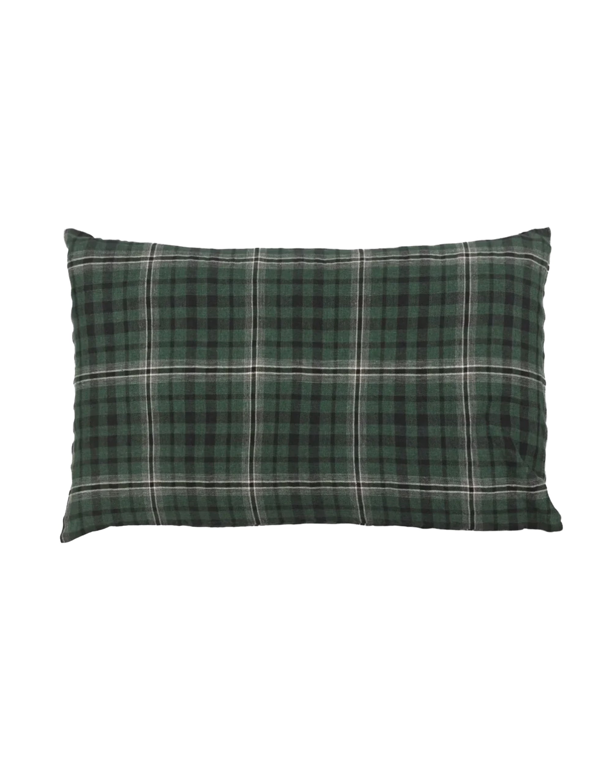Rectangular white sham with dark green and black plaid, European linen by Libeco Home, Jack Check Collection.