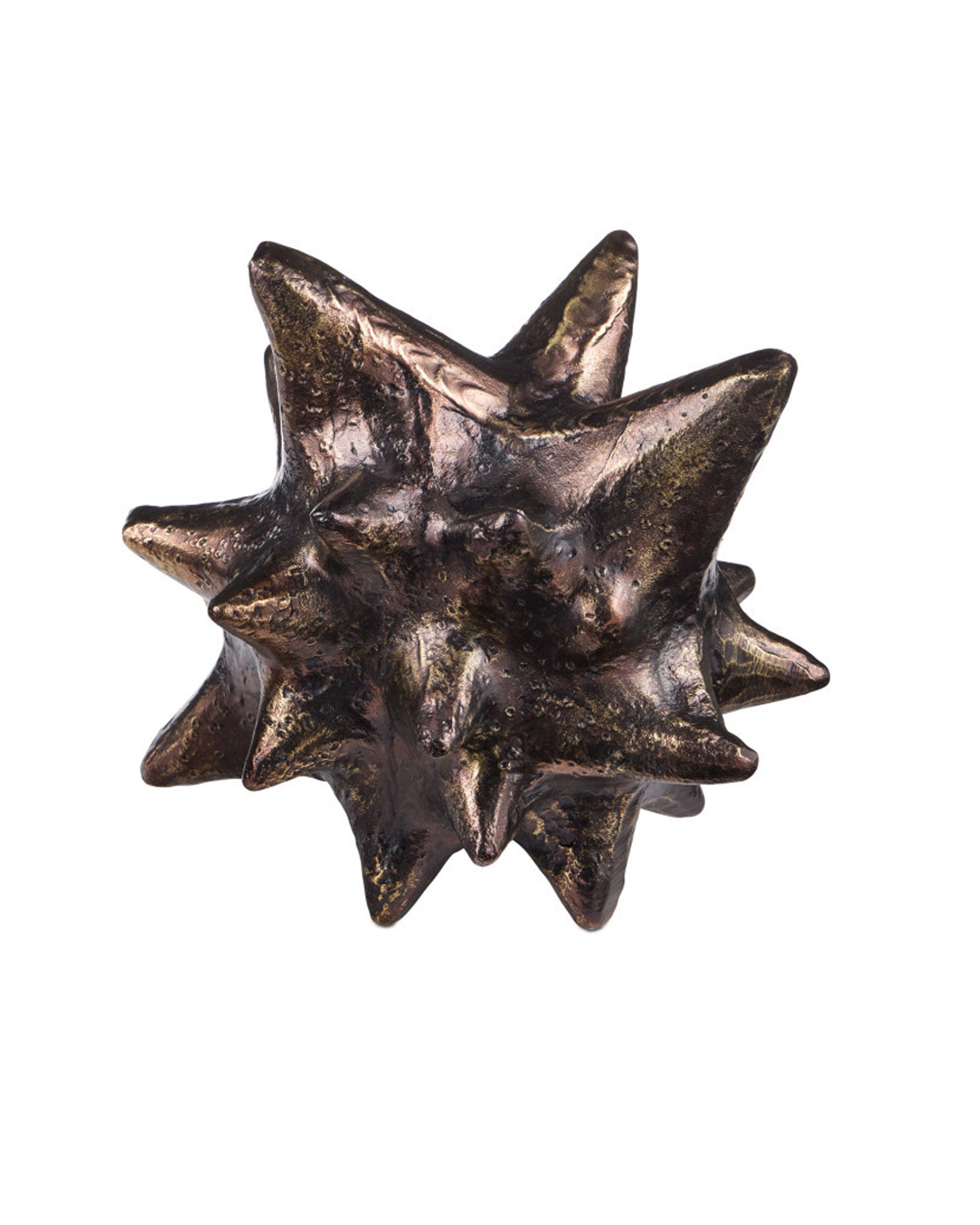 The Currey & Company Jacks Object features a metallic dark bronze finish with multiple sharp, irregular spikes, resembling a spiky decorative accessory or antique brass sculpture, isolated on a white background.