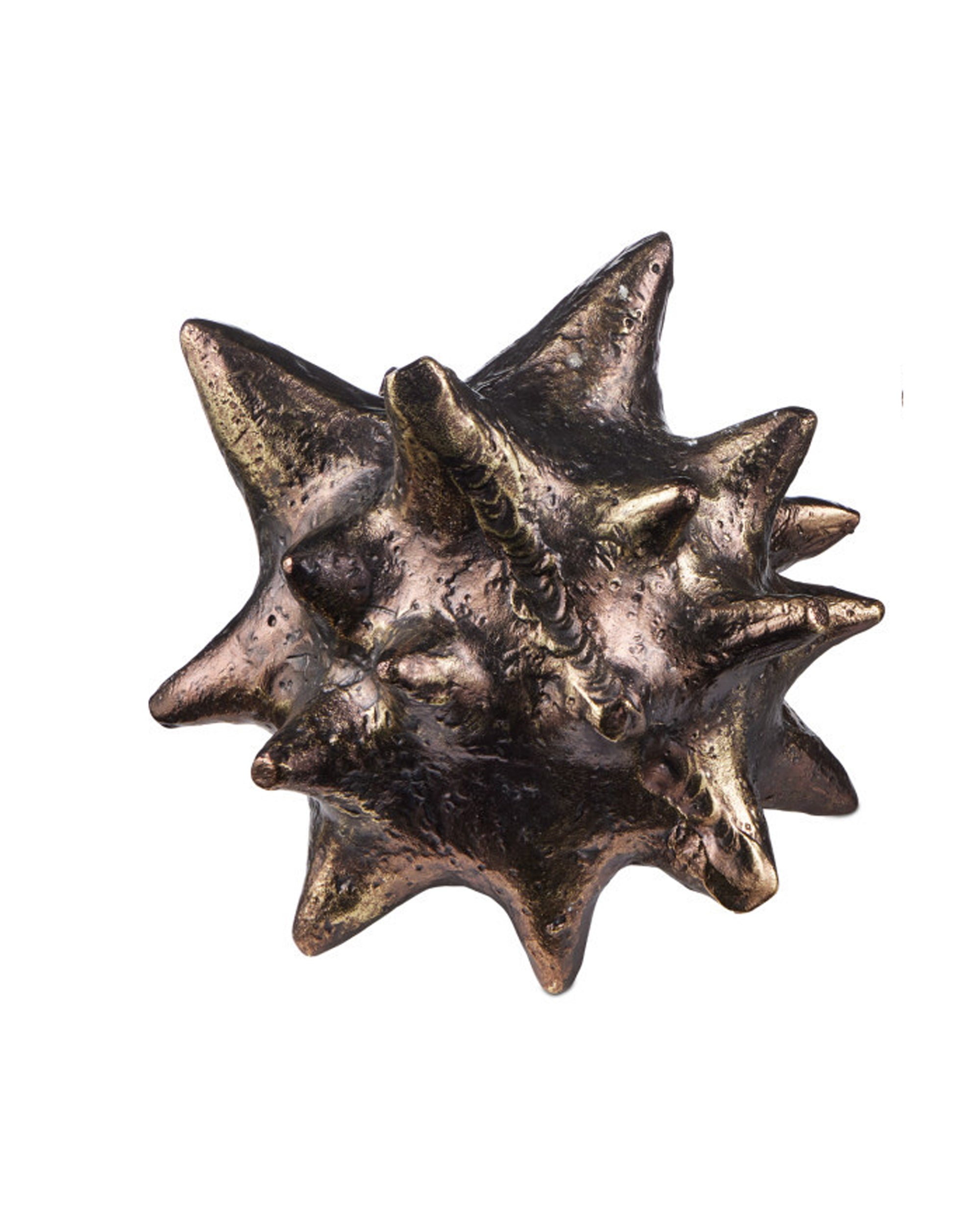 The Jacks Object by Currey & Company, Inc. is a metallic, dark bronze decor piece with an irregular, spiked surface and antique brass finish, shown against a plain white background.