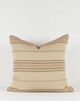 The Jacob Woven 22x22 Pillow by Faire features a square beige cotton cover handwoven in Gujarat, India, with brown and cream horizontal geometric patterns, shown against a plain white background.