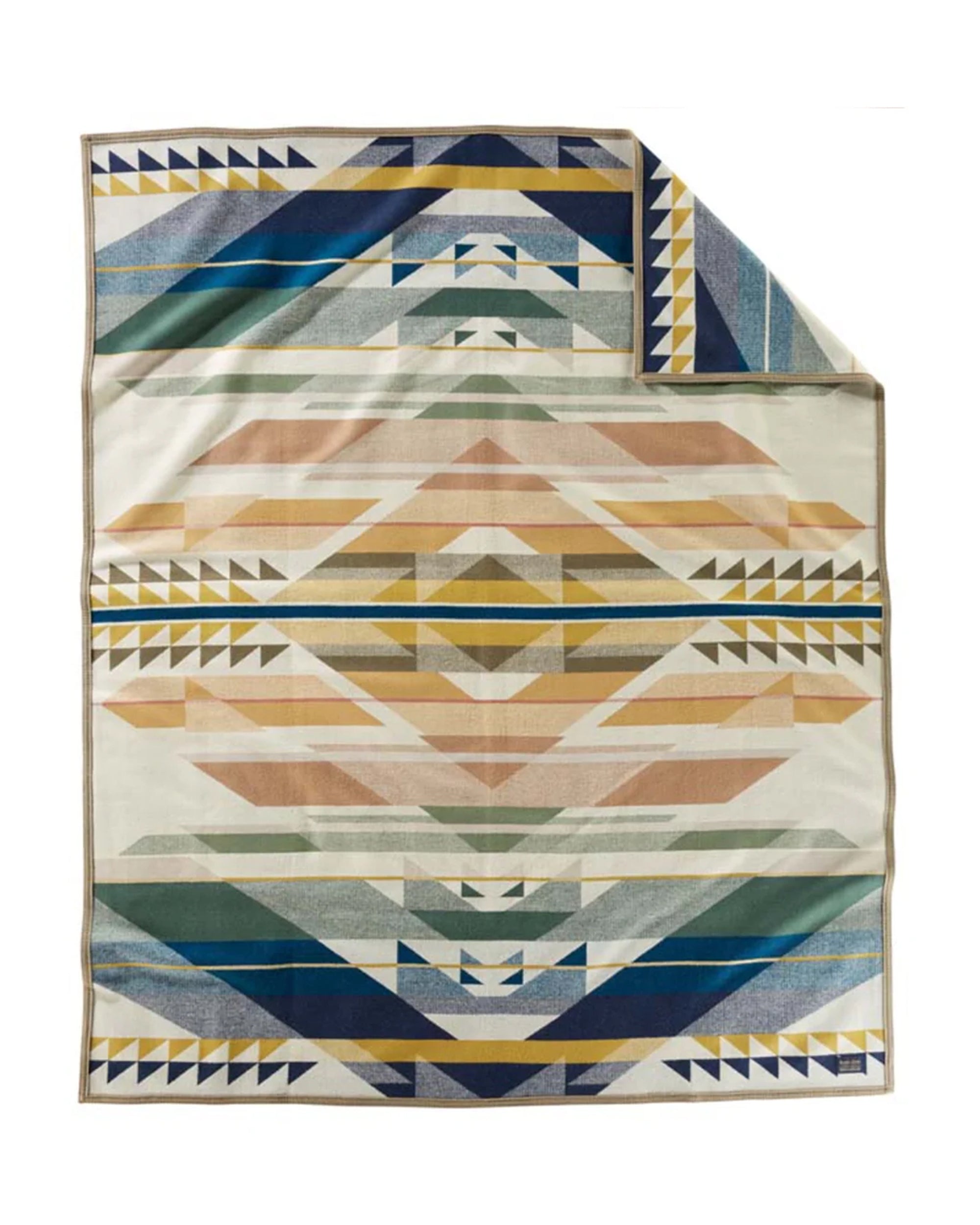 The Jacquard Robe by Pendleton/Babbitt’s Wholesale features a geometric triangle and stripe pattern in blue, yellow, green, and tan on cream. Crafted in American mills, one corner is folded to display the reverse side.