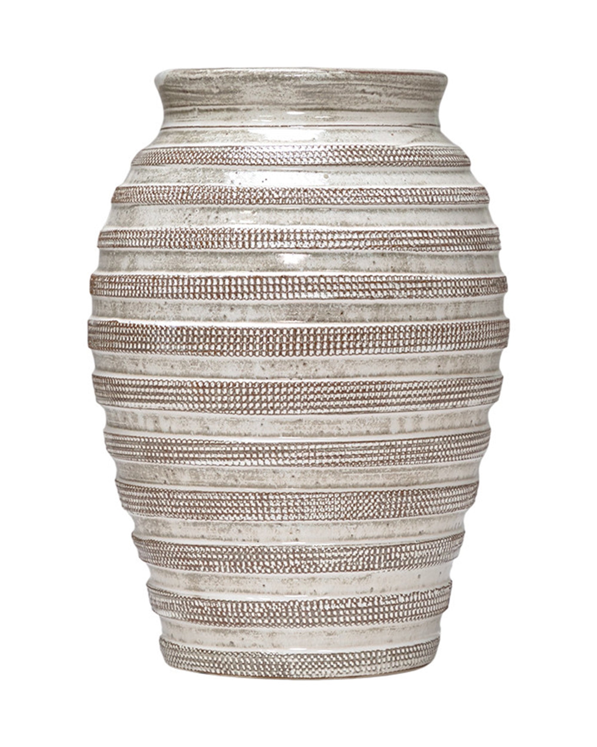 The Import Collection Jaxton Short Vase features a textured, round ceramic design with a silver metallic finish and horizontal grooved patterns, showcasing timeless elegance.