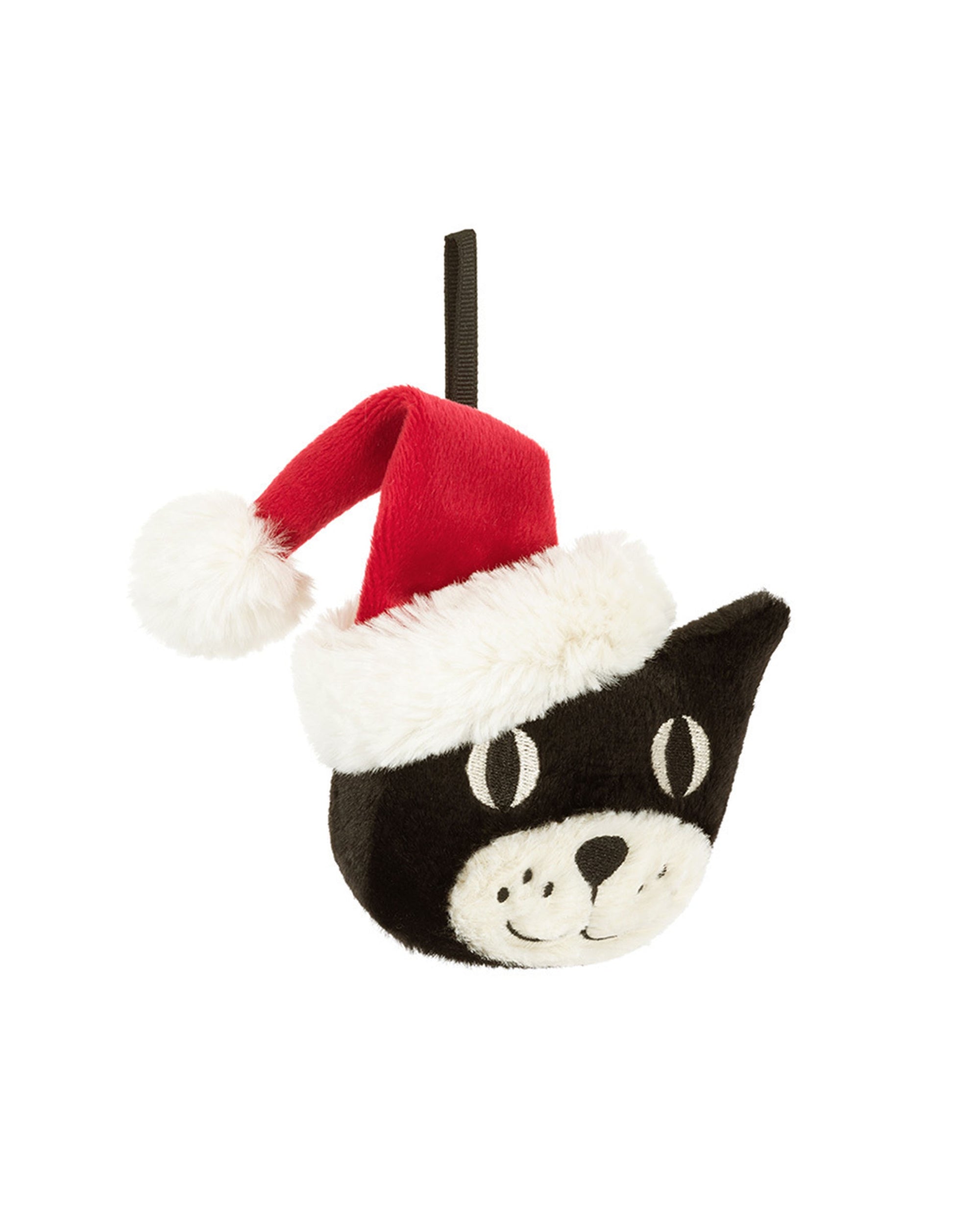 The Jellycat Jack Decoration by Jelly Cat Inc. features a smiling black cat face in a red and white Santa hat, hanging from a black ribbon—an adorable festive ornament for your Christmas tree.