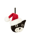 The Jellycat Jack Decoration by Jelly Cat Inc. features a smiling black cat face in a red and white Santa hat, hanging from a black ribbon—an adorable festive ornament for your Christmas tree.