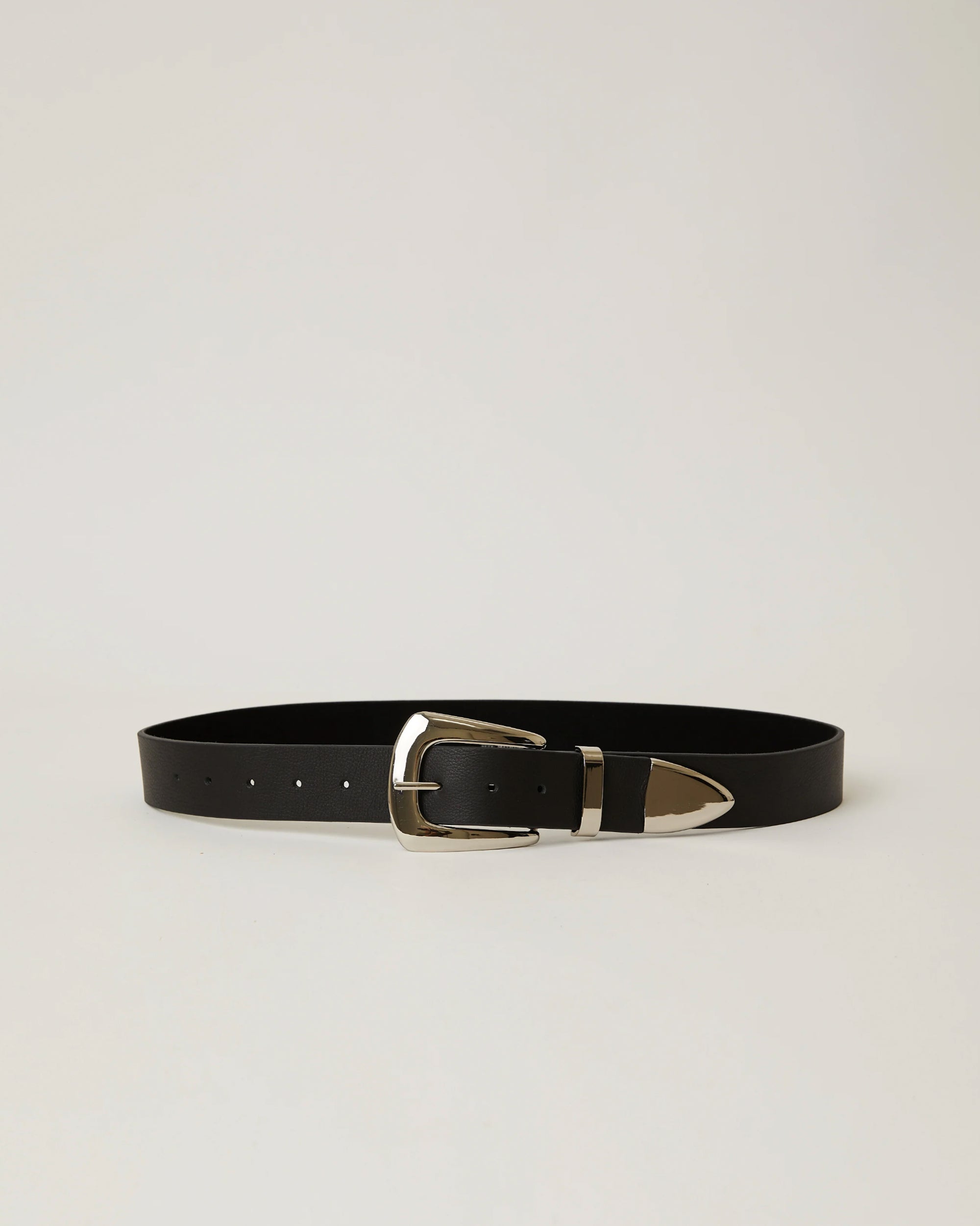 The B-Low The Belt Jordana Mini is a genuine leather Western belt with a shiny silver buckle and pointed tip, shown against a plain light background.
