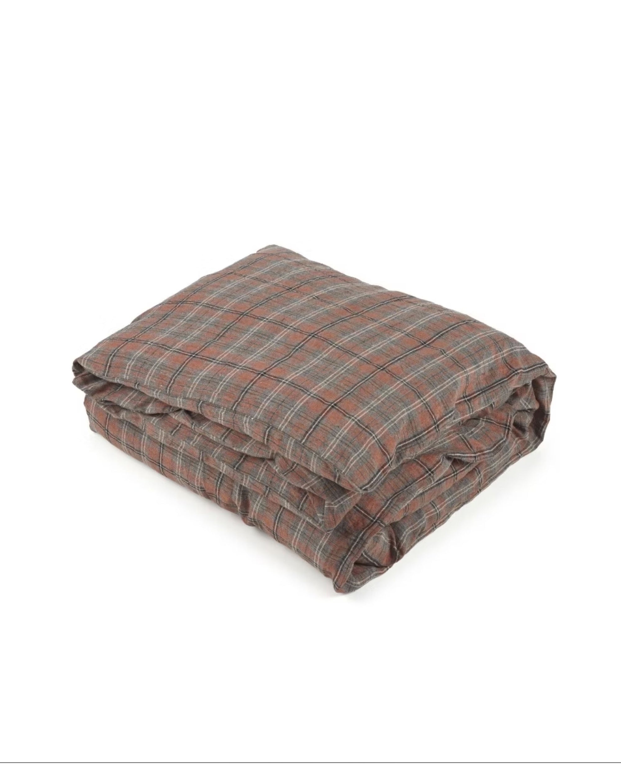 The Jude Check Duvet by Libeco Home, featuring a brown and gray plaid pattern, rests on a white surface—ideal for adding cozy style to your linens. Refer to washing instructions for proper care.