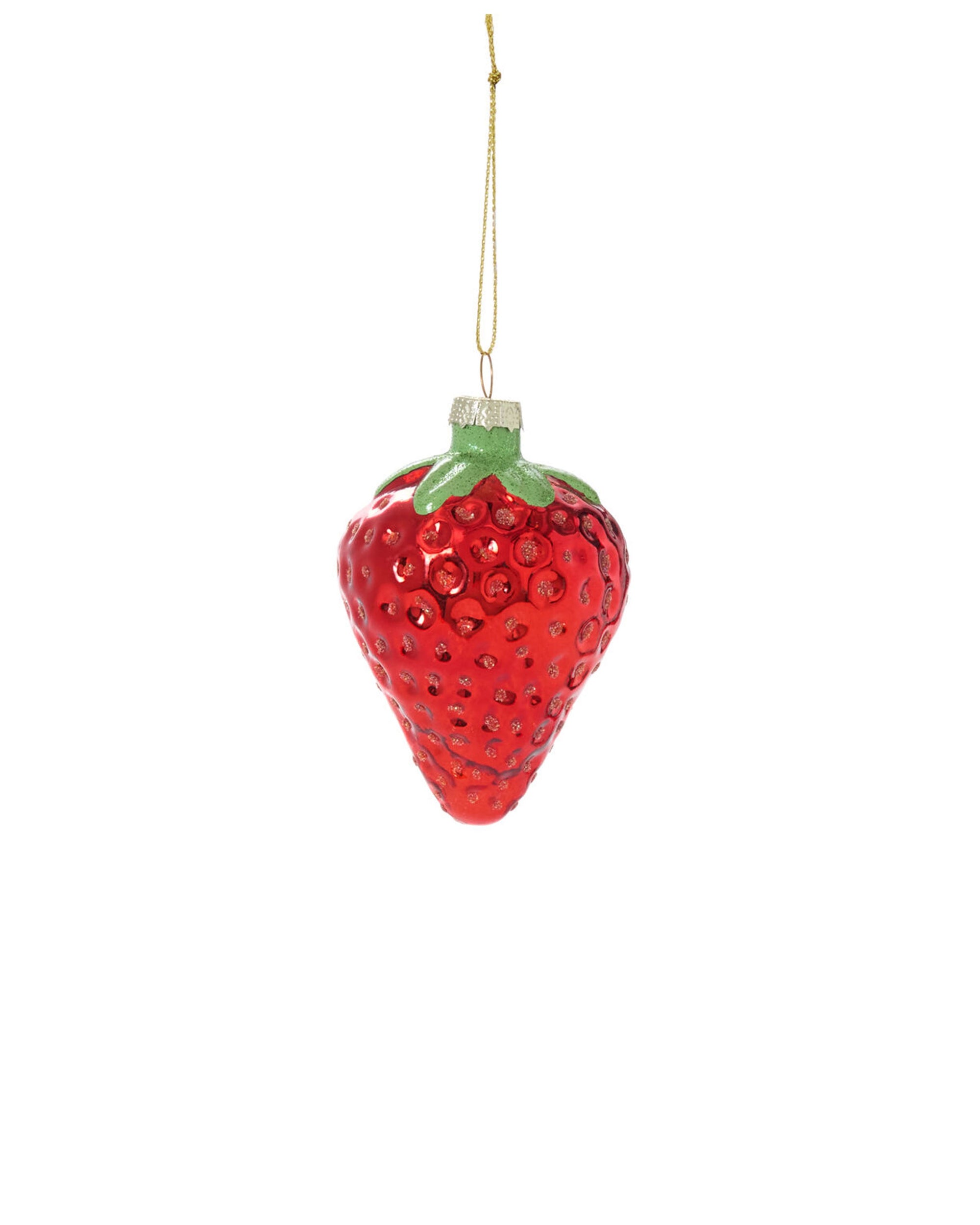 The Juicy Ornament by Accent Decor is a shiny red glass strawberry with green leaves, measuring 2.25 x 2.25 x 3.0 inches, hanging from a thin gold string against a plain white background.