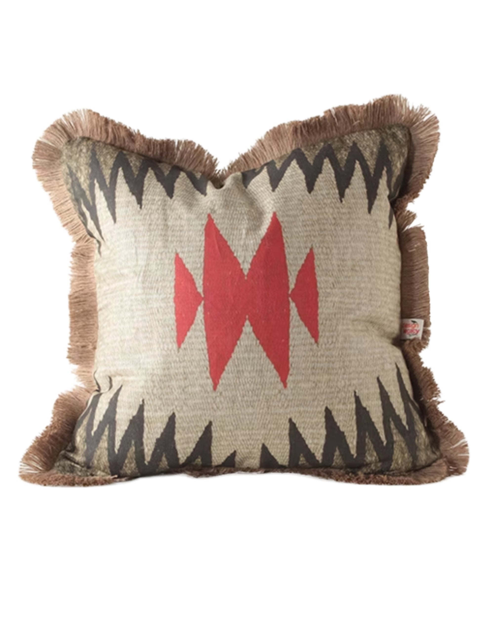 The Design Legacy Linen Jute Fringe 26x26 pillow features a beige background with black zigzag patterns, a bold red geometric center, and brown fringe edges—perfect for adding comfort and style to your space.