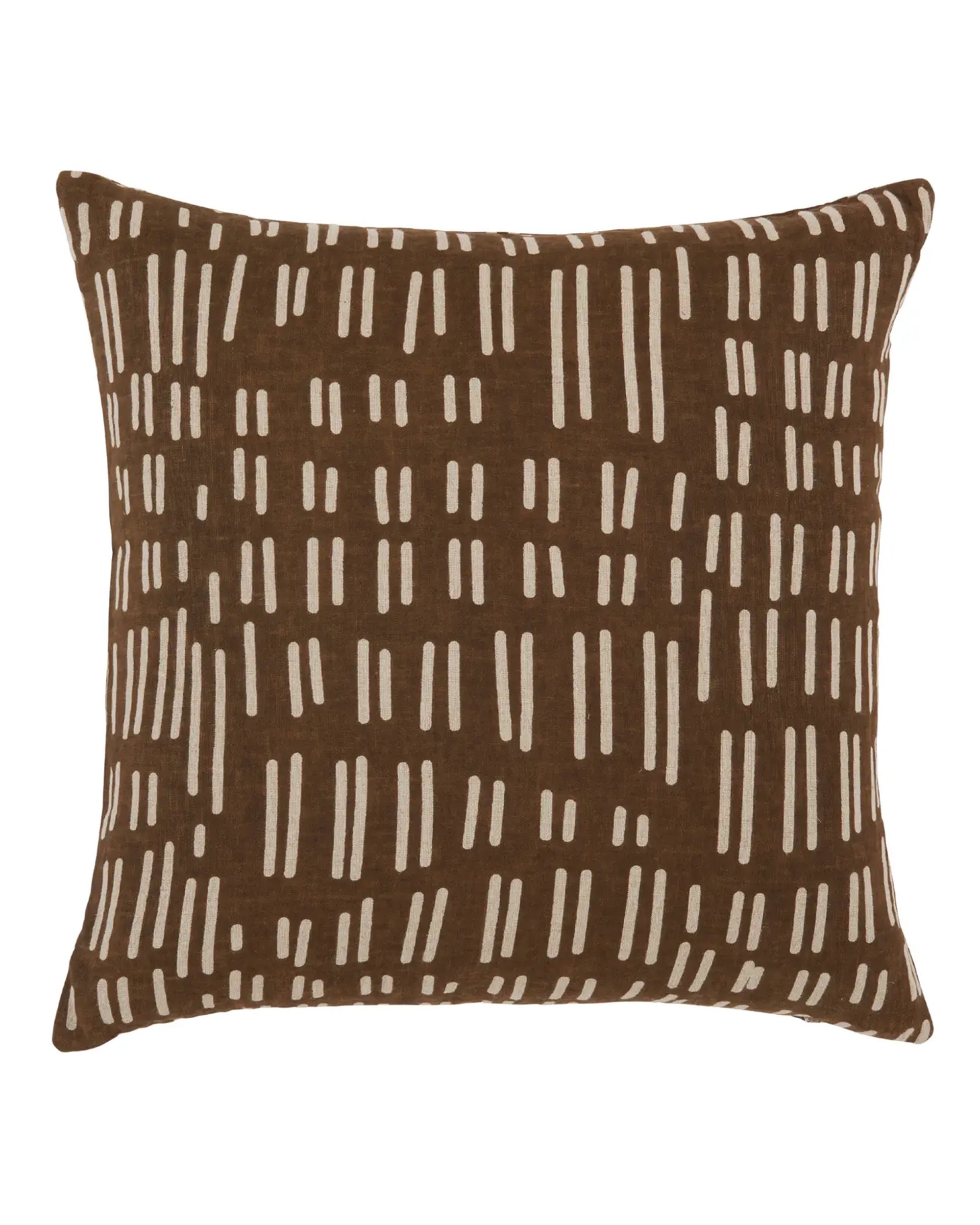 The Liam & Lana Kamala Pillow 22x22 is a rectangular brown artisan throw pillow with vertical and horizontal white dashed lines, perfect for adding handcrafted charm to your decor.