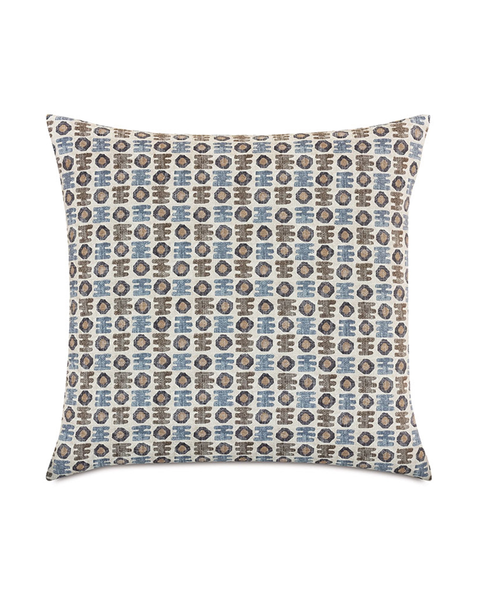 The Kane Geometric Pillow by Eastern Accents features blue, brown, and beige ovals in rows on light cotton. Its crisp, tailored design is an ideal midcentury accent for your bed or sofa.