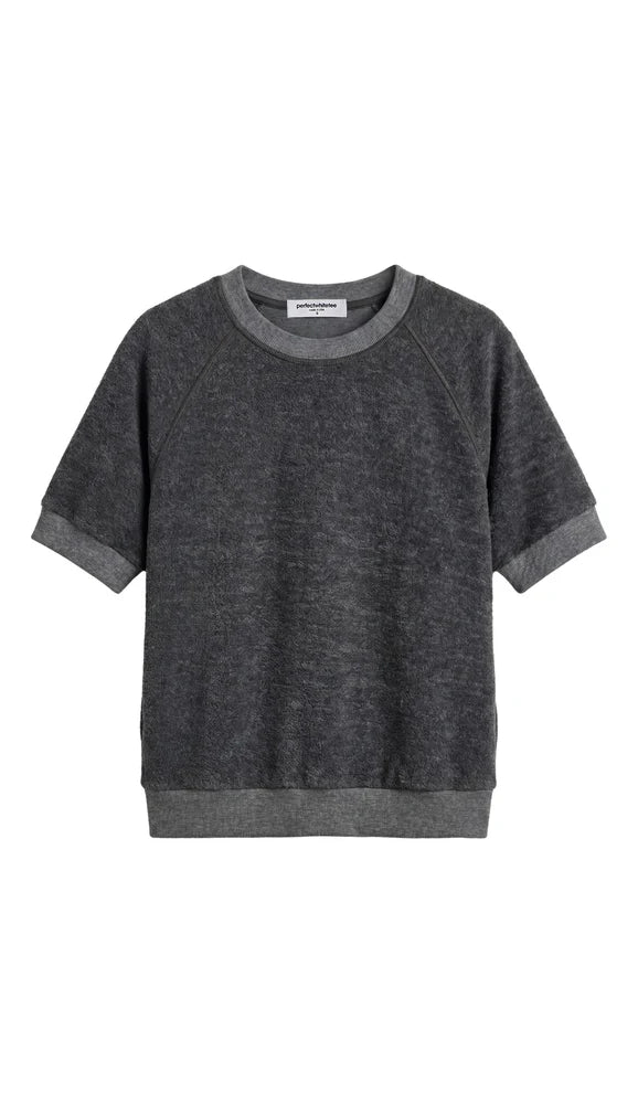 The Perfectwhitetee Kennedy SS Crew Sweatshirt is a relaxed-fit, short-sleeved, dark gray top featuring raglan sleeves and ribbed cuffs, collar, and hem, displayed on a white background.