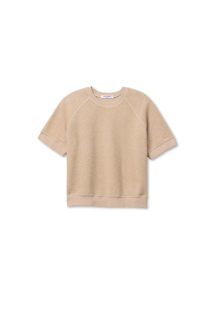 The Kennedy SS Crew Sweatshirt by Perfectwhitetee in beige features short sleeves, a crew neckline, relaxed fit, ribbed cuffs and hem, shown against a white background.
