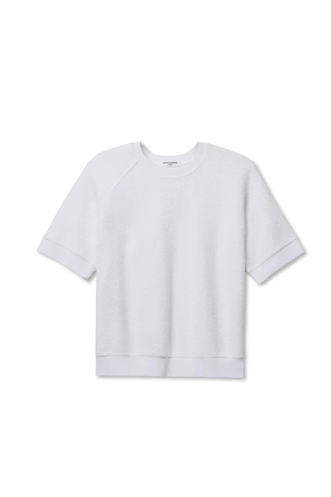 The Kennedy SS Crew Sweatshirt by Perfectwhitetee is a plain white short-sleeve crewneck shown on a white background, offering a relaxed fit with banded cuffs and hem.