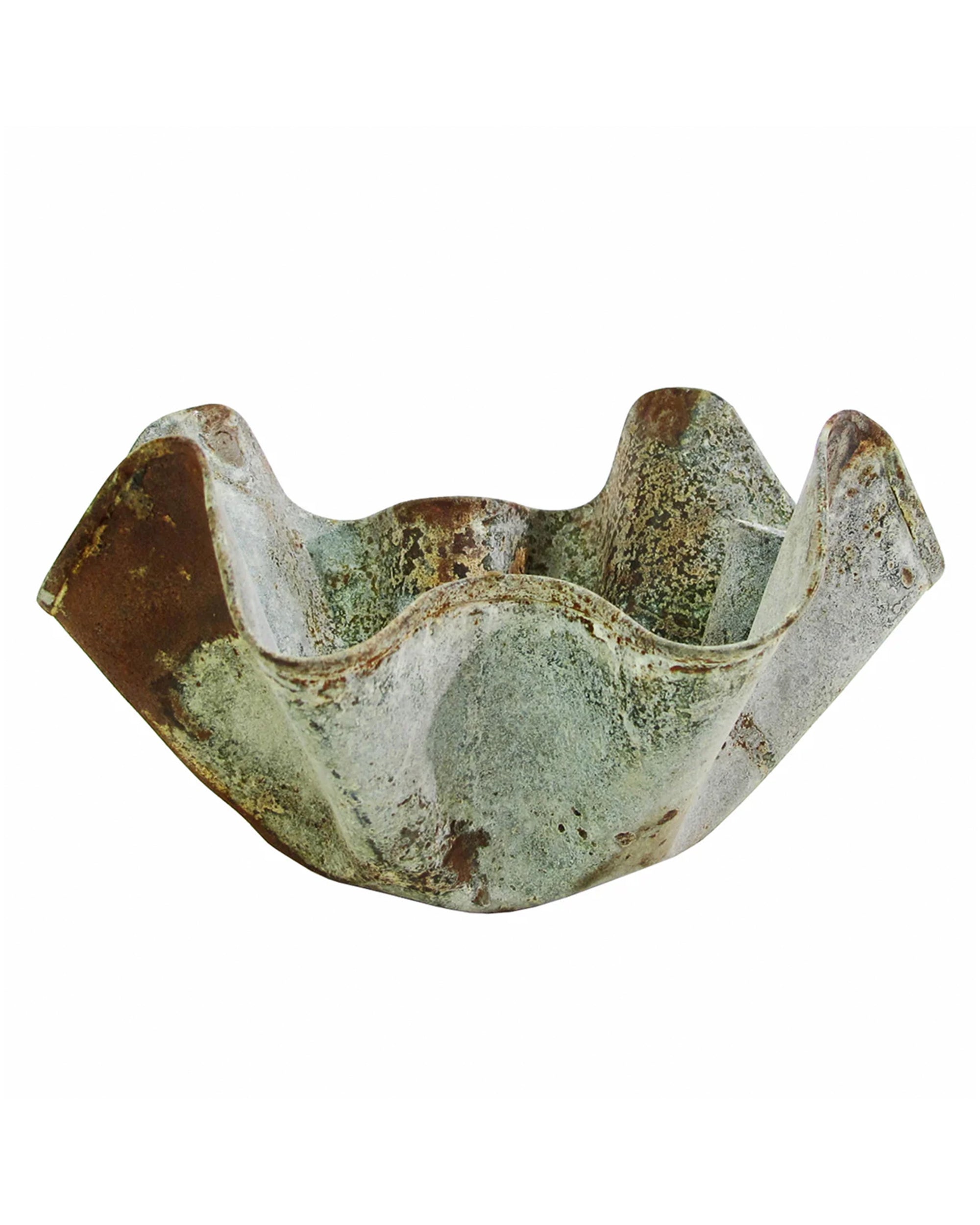 The Kerchief Planter S by Blue Ocean Traders features abstract, wavy edges and a rustic green and brown mottled glaze, giving it an organic, weathered look reminiscent of vintage ceramic planters.