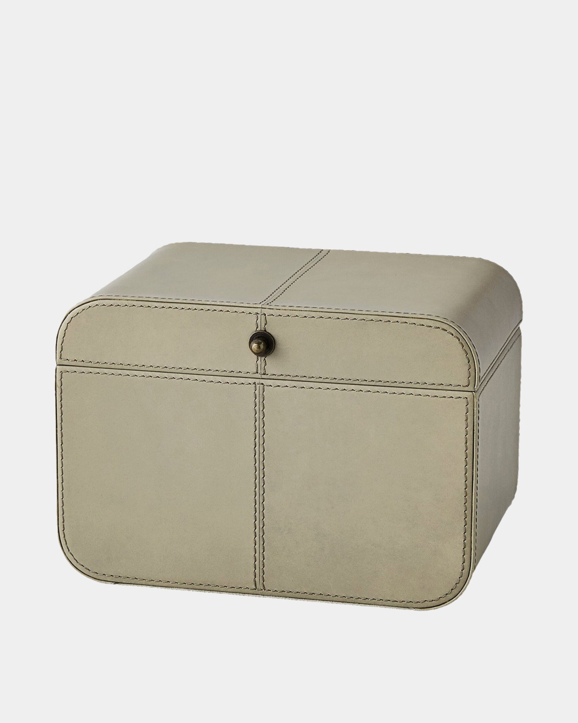 The Kersee Corner Box Light Gray by Global Views is a rectangular cowhide leather box with curved corners, visible stitching, and a small round metal knob on the front, shown against a plain white background.