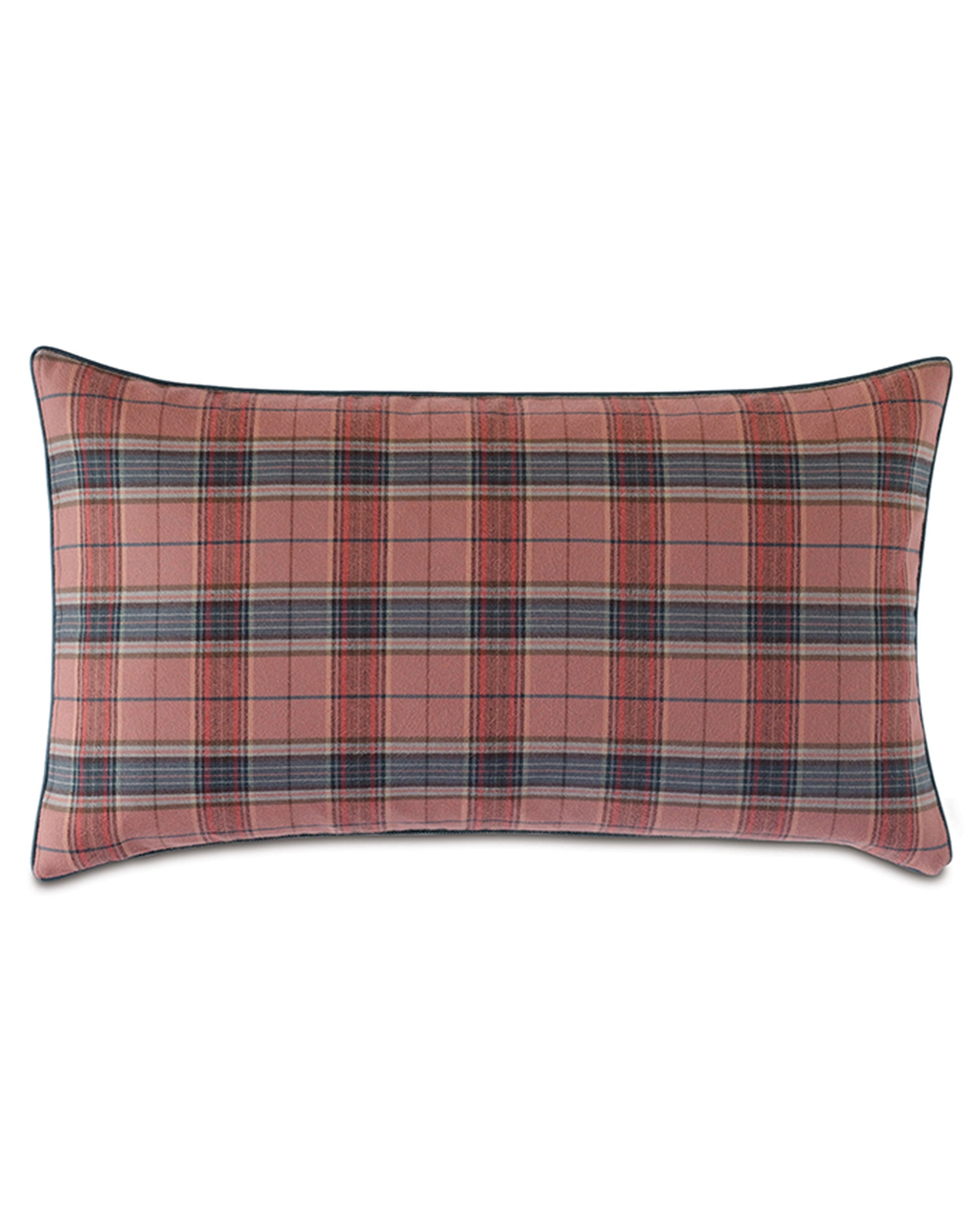 Plaid cotton pillow with red, black, blue, and white checks, faux leather trim by Eastern Accents, Kilbourn collection.