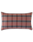 Plaid cotton pillow with red, black, blue, and white checks, faux leather trim by Eastern Accents, Kilbourn collection.