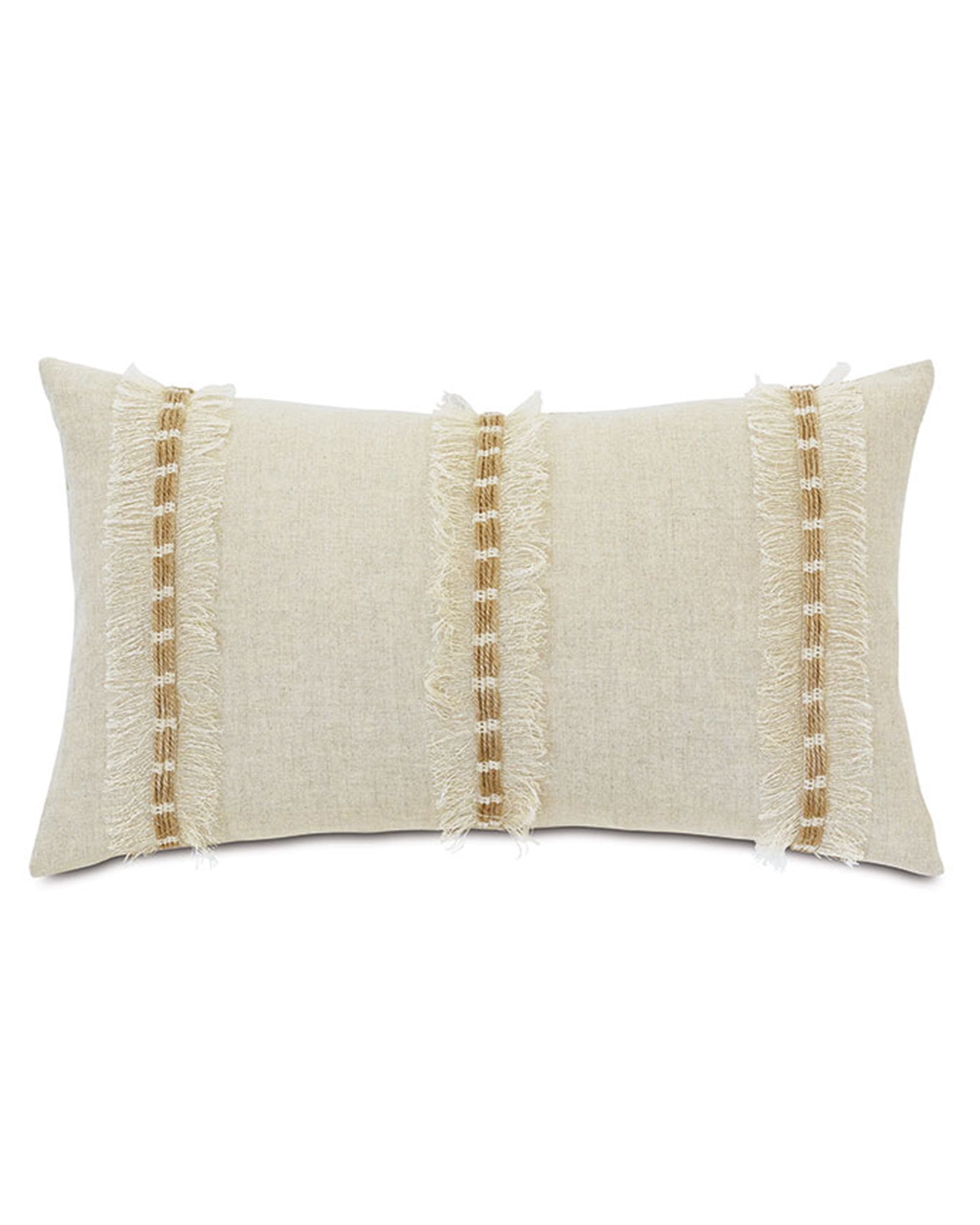The Kimahri Fringe by Eastern Accents is a rectangular beige decorative pillow with two vertical cream fringe bands and brown woven accents, displayed on a plain white background.