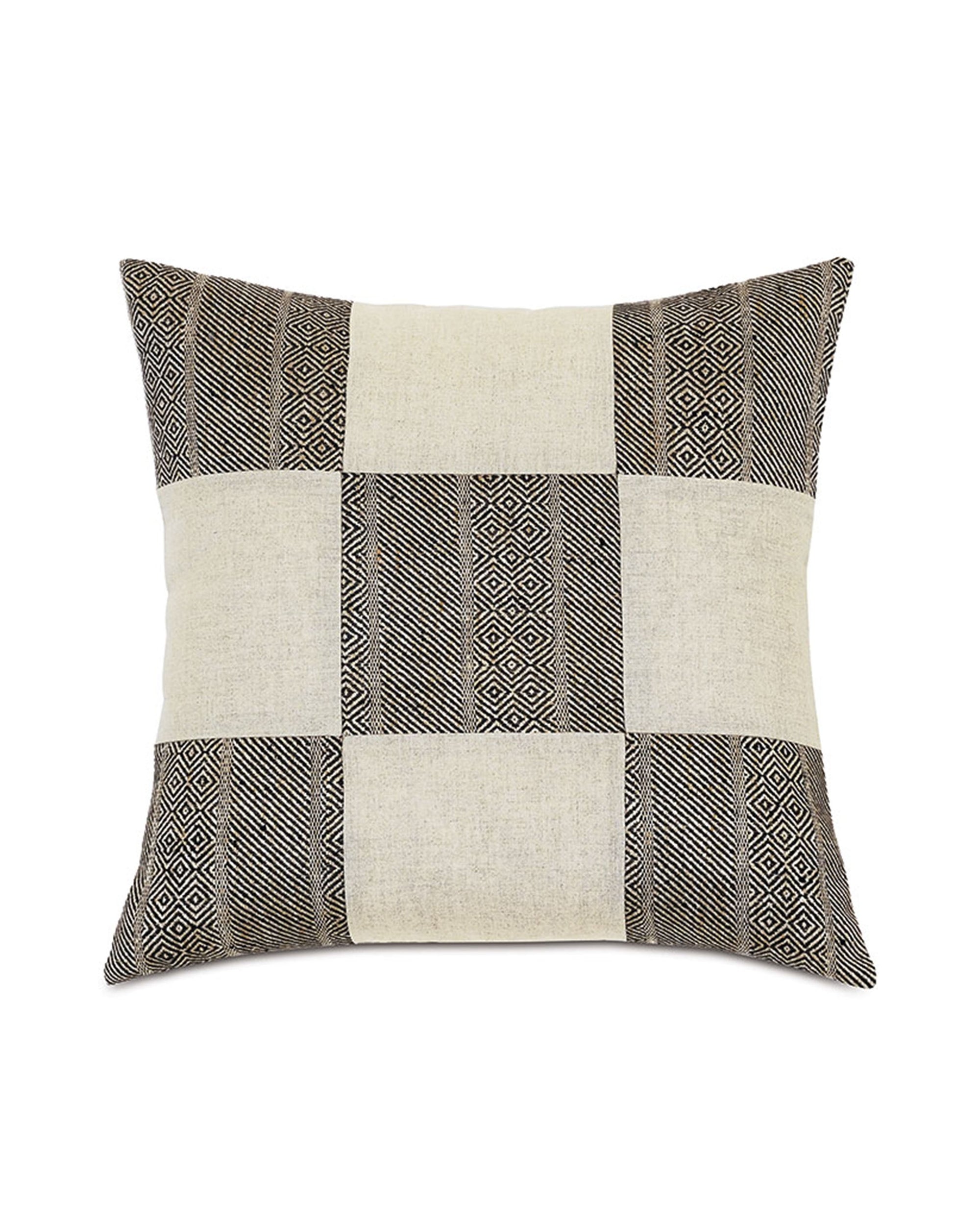 The KIMAHRI PATCHWORK pillow by Eastern Accents features alternating beige linen and black-and-white geometric panels, adding a modern, minimalist accent to your decor.
