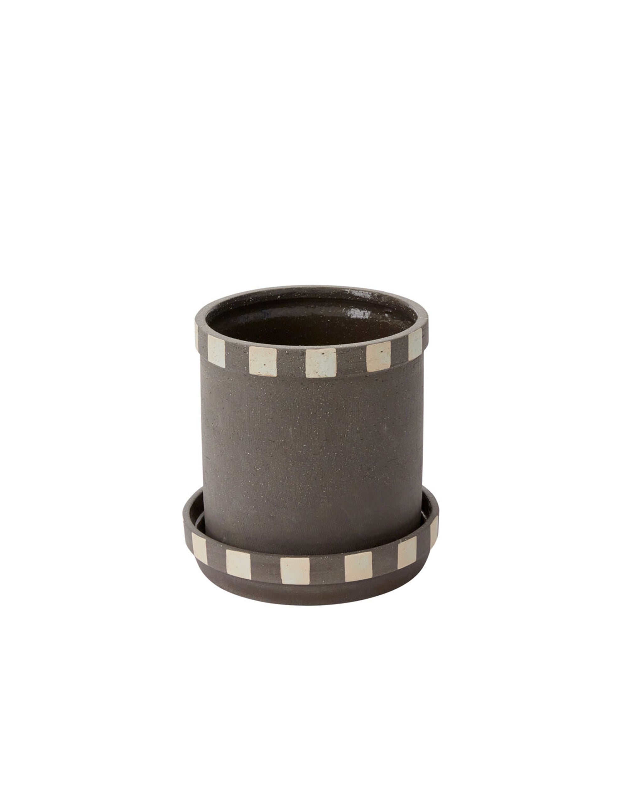 The Accent Decor 54045 Kimo Pot with Saucer is a dark gray ceramic planter with a drainage hole and matching saucer, both accented by alternating light and dark square tiles—ideal for modern home decor.