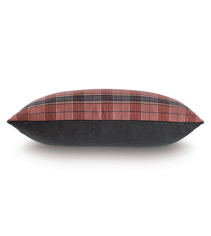 Red plaid pillow with dark gray base and faux leather trim, side view, by Eastern Accents Kilbourn collection.
