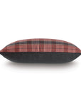 Red plaid pillow with dark gray base and faux leather trim, side view, by Eastern Accents Kilbourn collection.