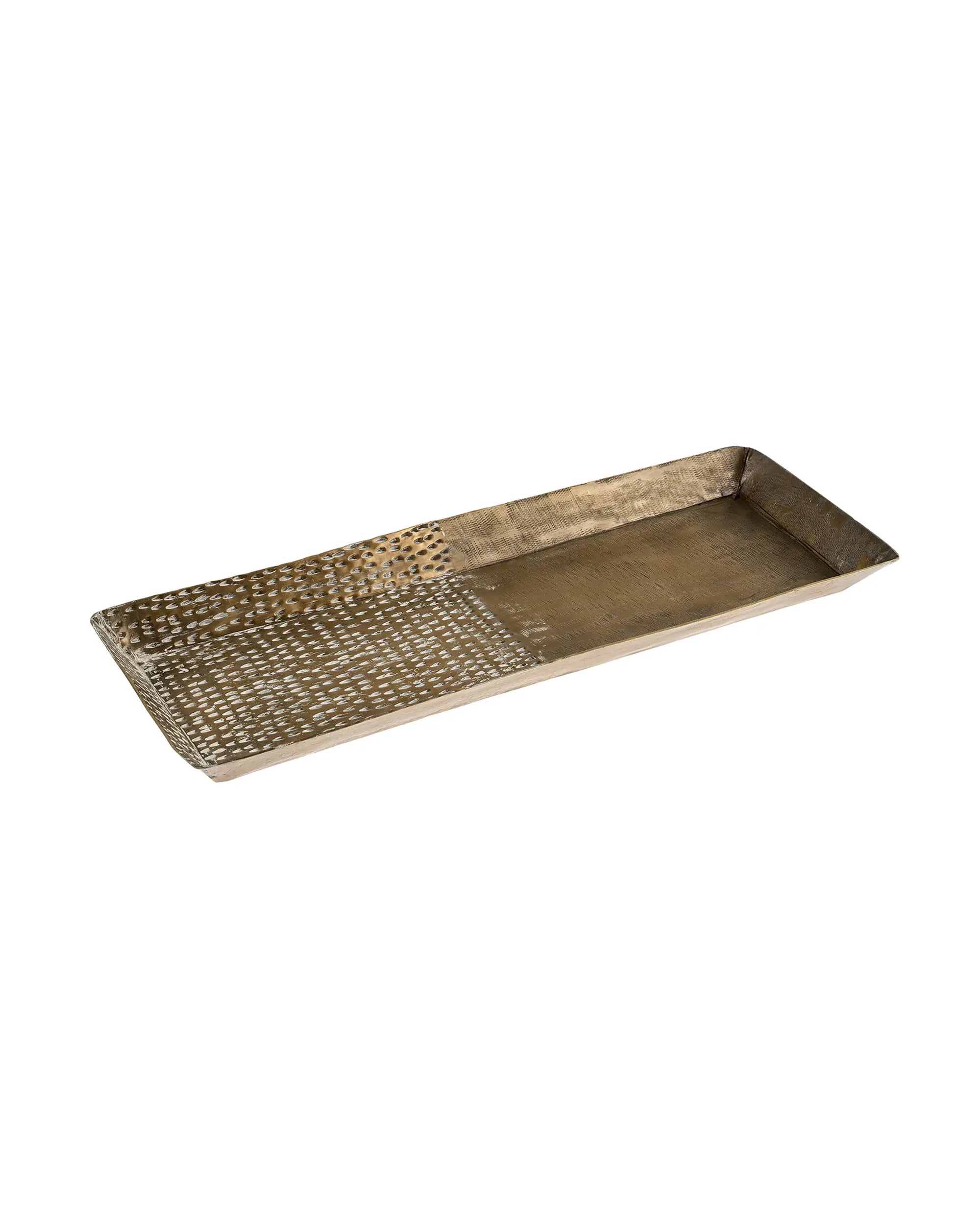 The Klint Metal Tray S by Faire features a food-safe, rectangular design with slightly raised edges, a hammered metal texture on one end, smooth finish on the other, and an antique brass appearance for a sophisticated touch.