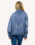 Kerri Rosenthal Love Cardigan with shawl collar, fringe trim, heart and LOVE text on back.