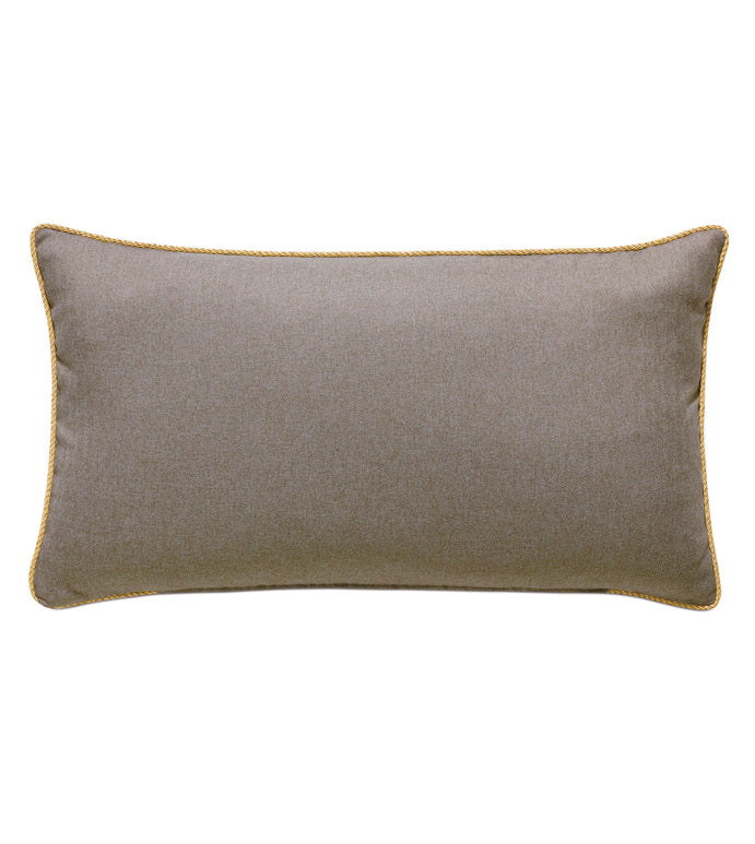 The RUDY PAISLEY throw pillow by Eastern Accents features a rectangular gray design with subtle texture and gold piping, creating a traditional look against a white background.