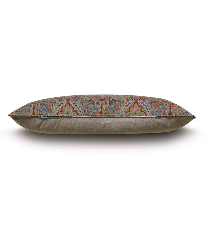 The RUDY PAISLEY throw pillow by Eastern Accents features a brown, leather-like base and a red, blue, and gold paisley top—shown side view against white—ideal for bringing traditional style to your space.